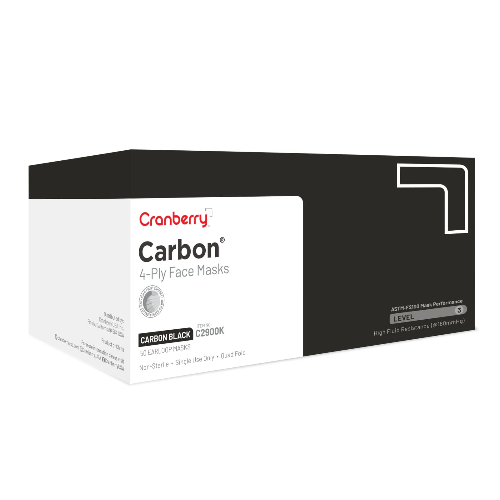 Cranberry Carbon ASTM Level 3 Earloop Face Mask, 4-Ply, Black, One Size, 50/Box, C2900K thumbnail 11