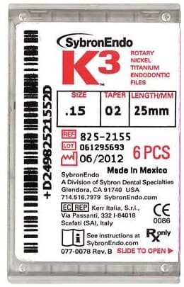 K3 Nickel-Titanium Rotary Endodontic Files, 25 mm, 0.02 Taper, #15, White, 6/Pk, 825-2155 thumbnail 9