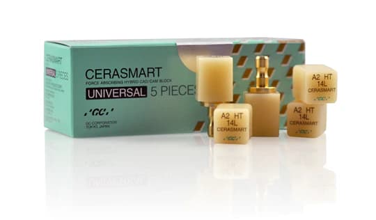 CERASMART Universal Force Absorbing Hybrid Nano Ceramic CAD/CAM Block, Size 14L, Shade A3, High Translucency, Universal Mandrel, 5/Pkg, 008677 - CERASMART 14L Universal - A3 HT (5) - Image 1
