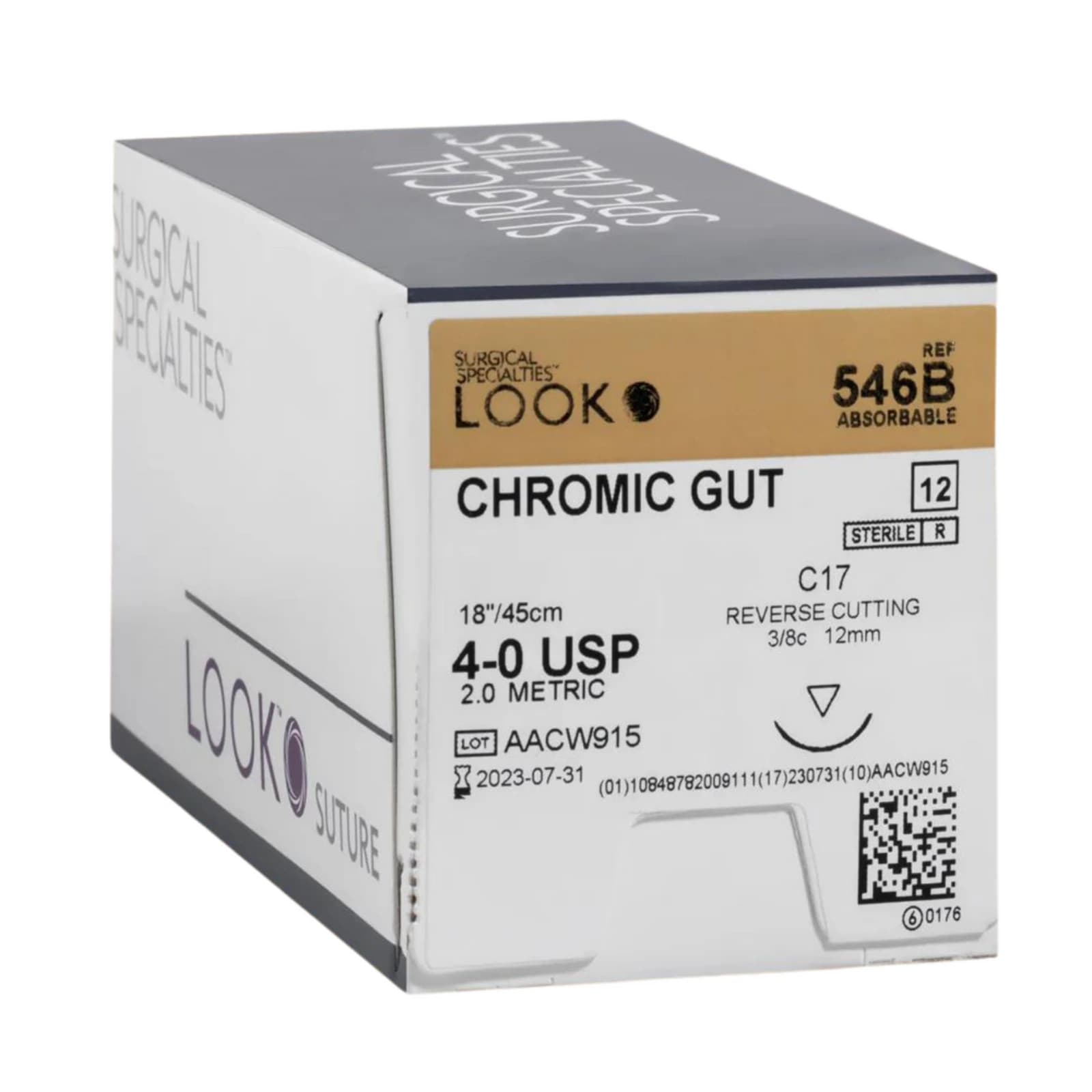 Look Chromic Gut Absorbable Suture, 4-0, 18" (45 cm), C-17 Reverse Cutting Needle, 3/8 Circle, 12 mm, Undyed, 12/Box, 546B thumbnail 6