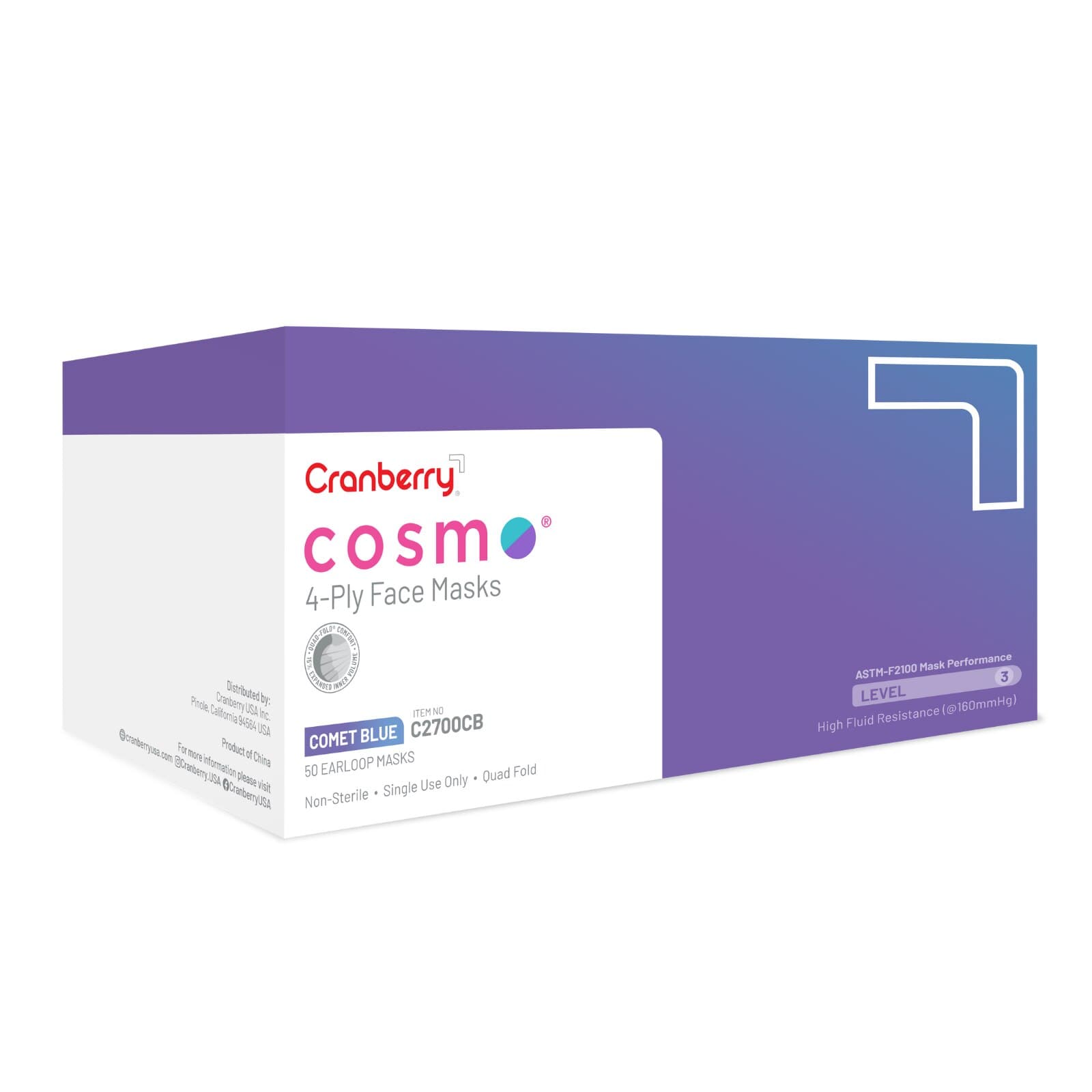 Cranberry Cosmo 4-Ply ASTM Level 3 Earloop Face Mask, Comet Blue, 50/Box, C2700CB thumbnail 8