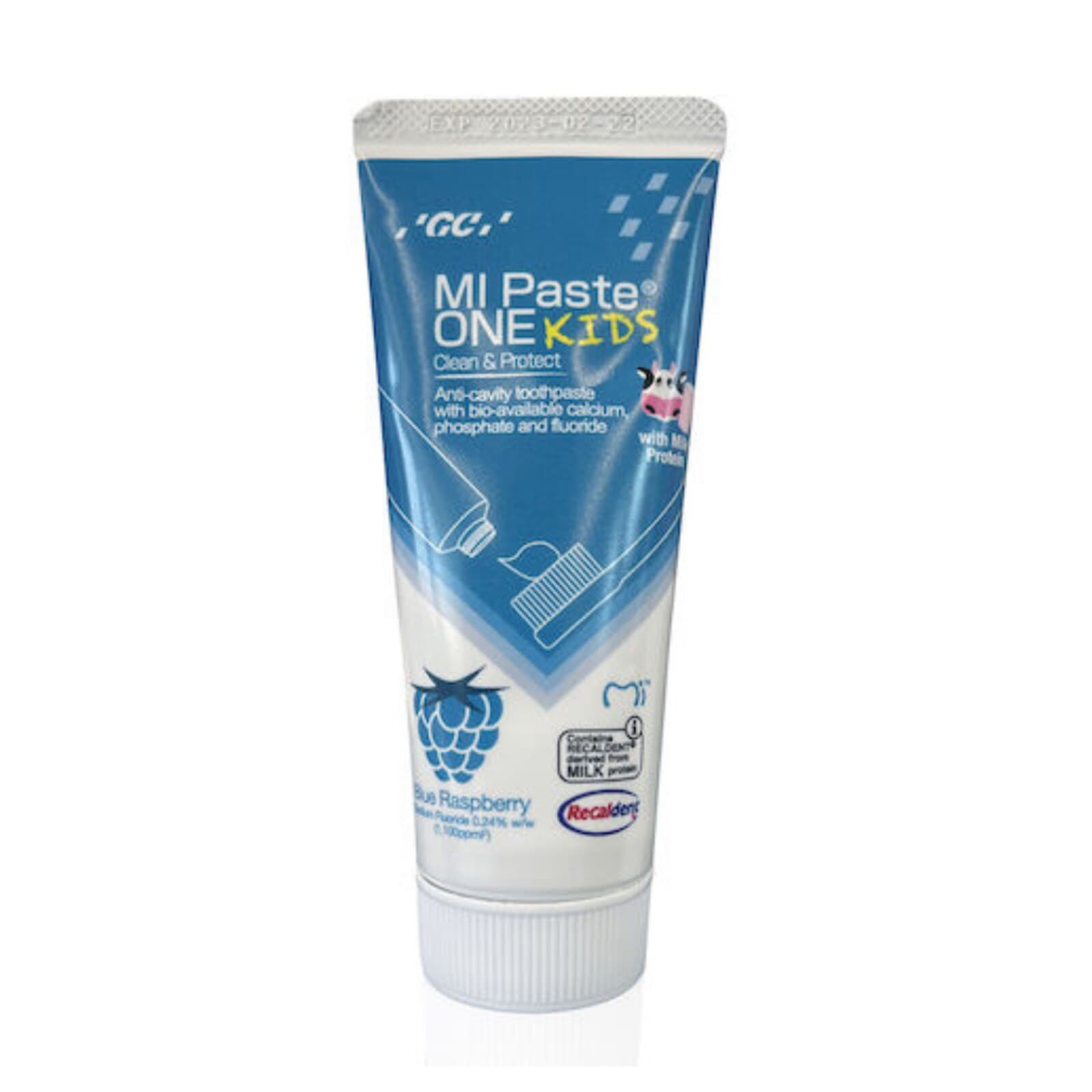 MI Paste ONE Kids Toothpaste, Blue Raspberry, 0.2% Sodium Fluoride with RECALDENT (CPP-ACP), 46 g Tube, 10/Box, 437130 thumbnail 2