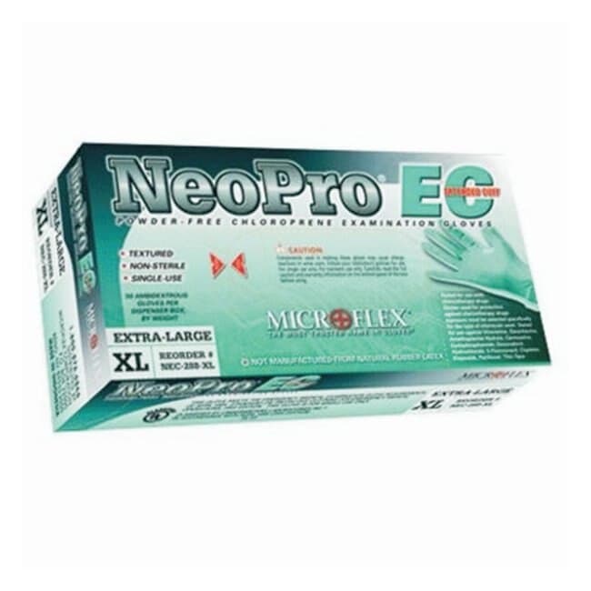 Microflex NeoPro EC NEC-288 Neoprene Exam Gloves, Powder-Free, Non-Sterile, Textured Fingertips, Extended Cuff, Medium, Green, 50/Box thumbnail 2
