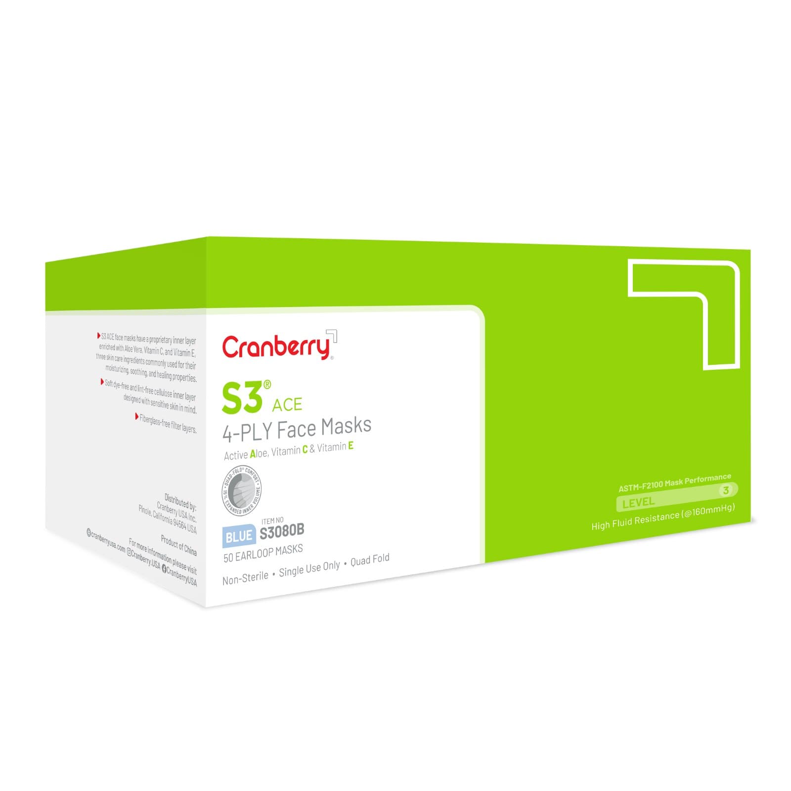 Cranberry S3 ACE ASTM Level 3 Earloop Face Mask, Blue, 50/Box, S3080B thumbnail 6