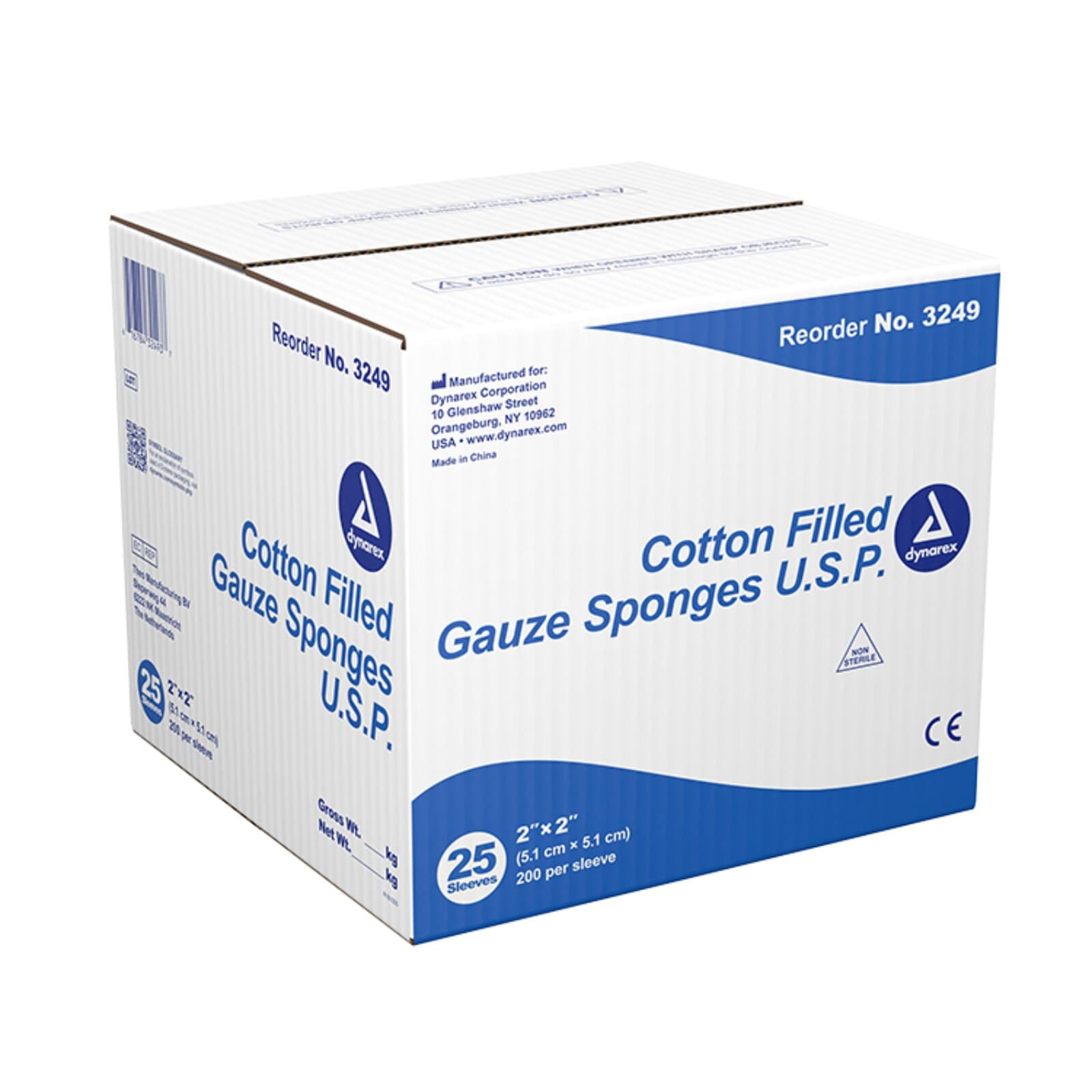 Dynarex Cotton Filled Gauze Sponge, 2" x 2", Non-Sterile, Case of 5000 (25 sleeves of 200) thumbnail 2