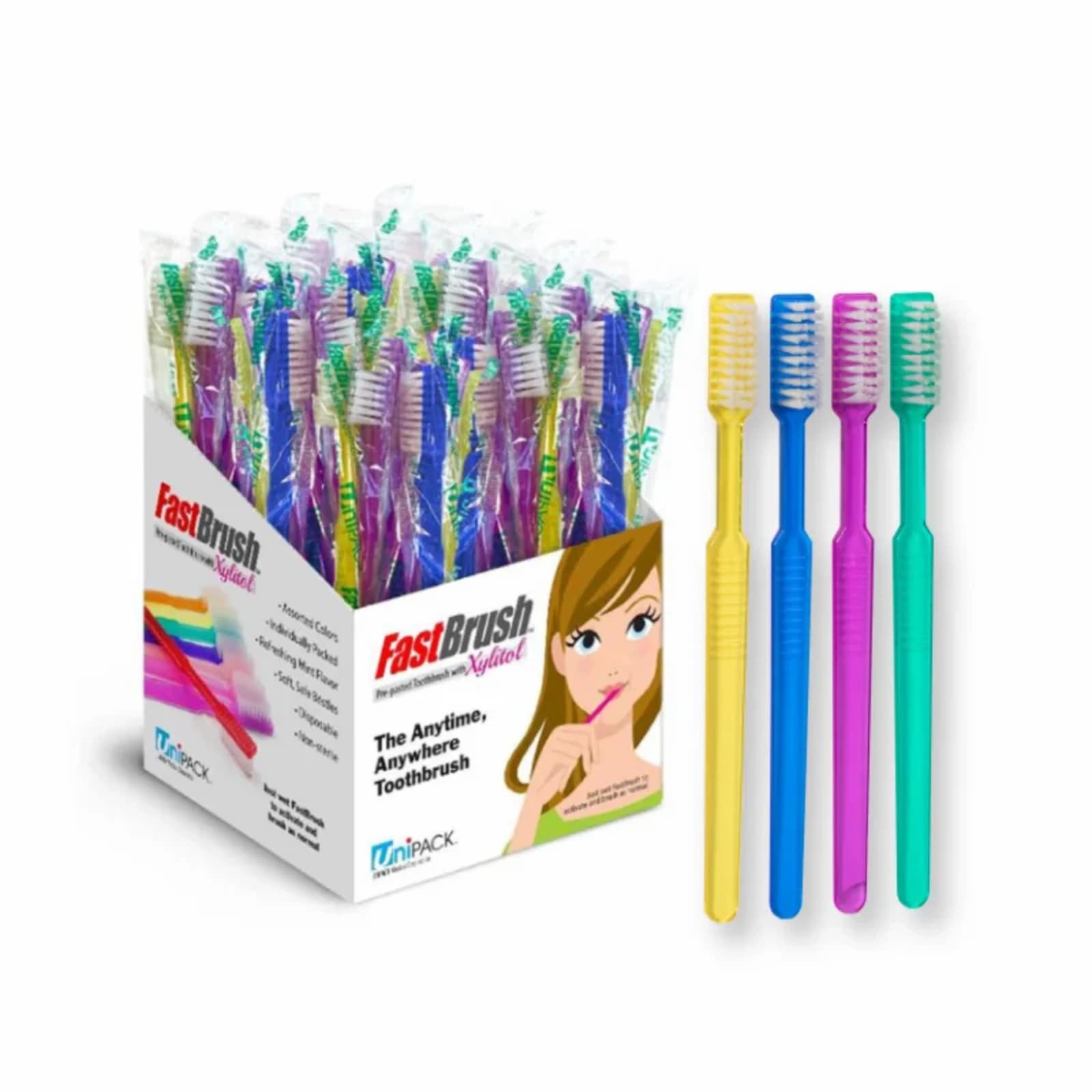 Dukal UniPACK Fast Brush Pre-Pasted Disposable Toothbrushes with Xylitol, Assorted Colors, Soft Bristles, Individually Wrapped, 100/Box, UDA-4001 thumbnail 3