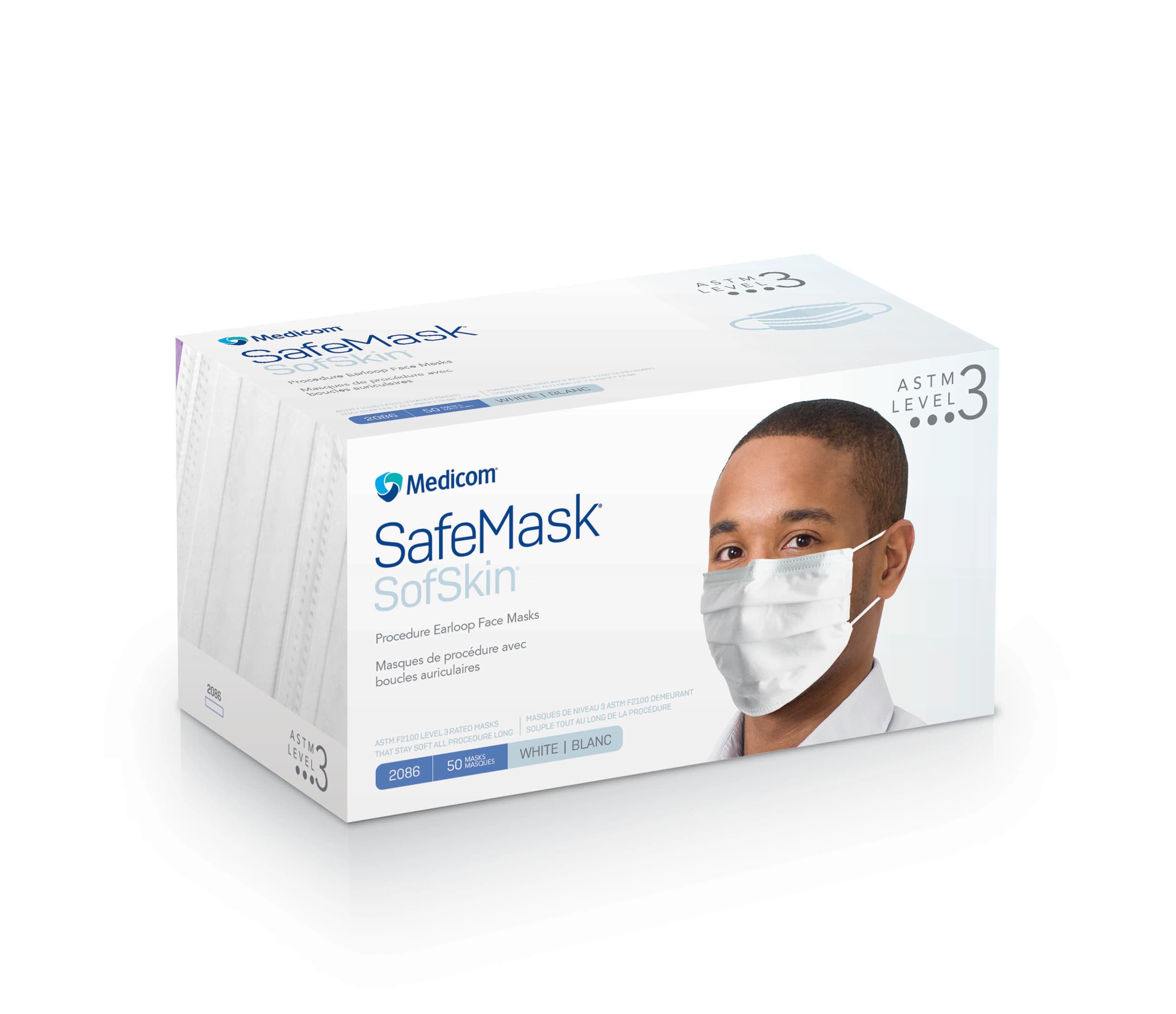 Medicom SafeMask SofSkin Procedure Earloop Face Mask, ASTM Level 3, Fluid Resistant, White, 50/Box, 2086 thumbnail 16
