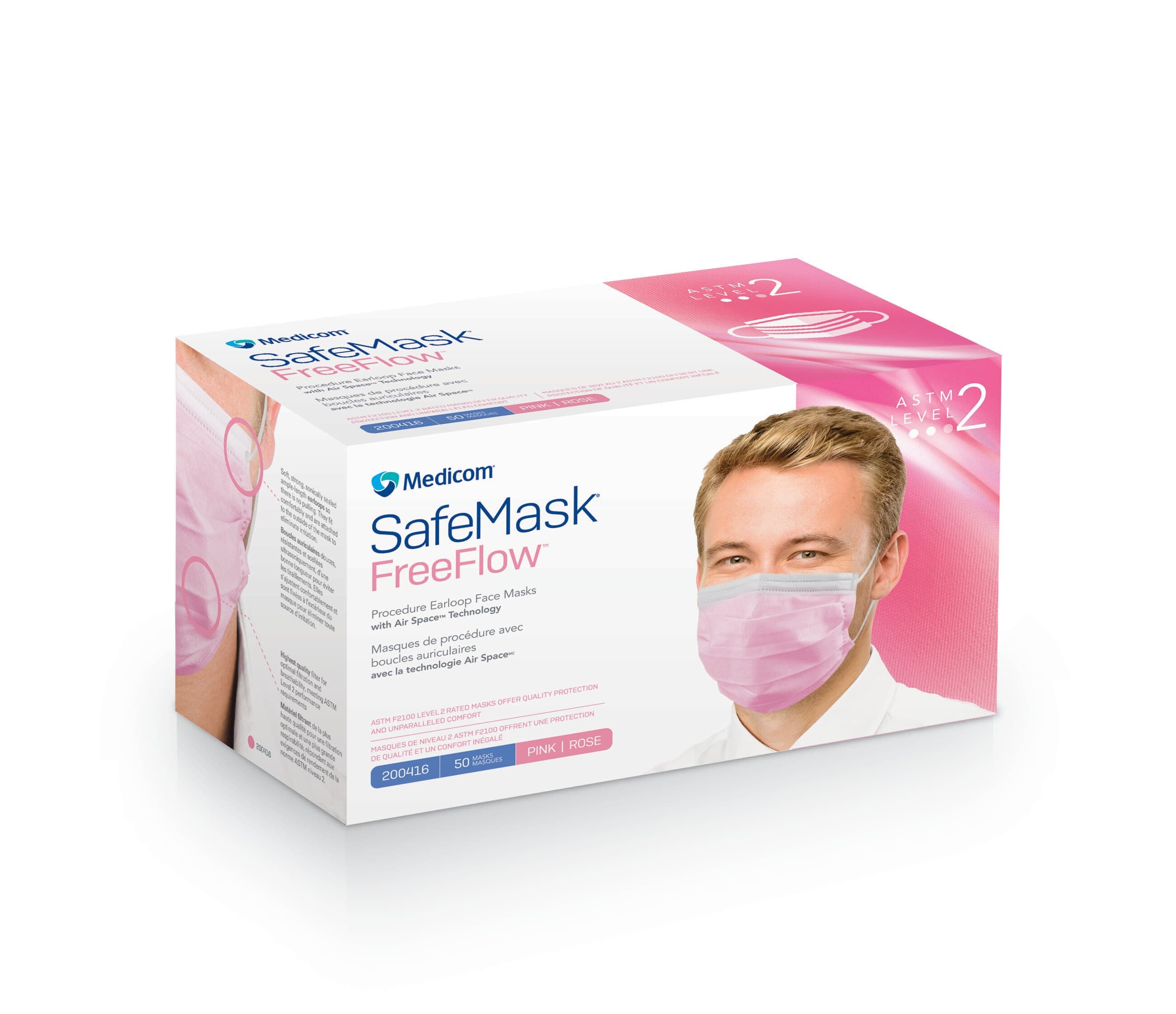 SafeMask FreeFlow Procedure Face Mask, ASTM Level 2, Ear Loop, Pink, 50/Box, 200416 thumbnail 12
