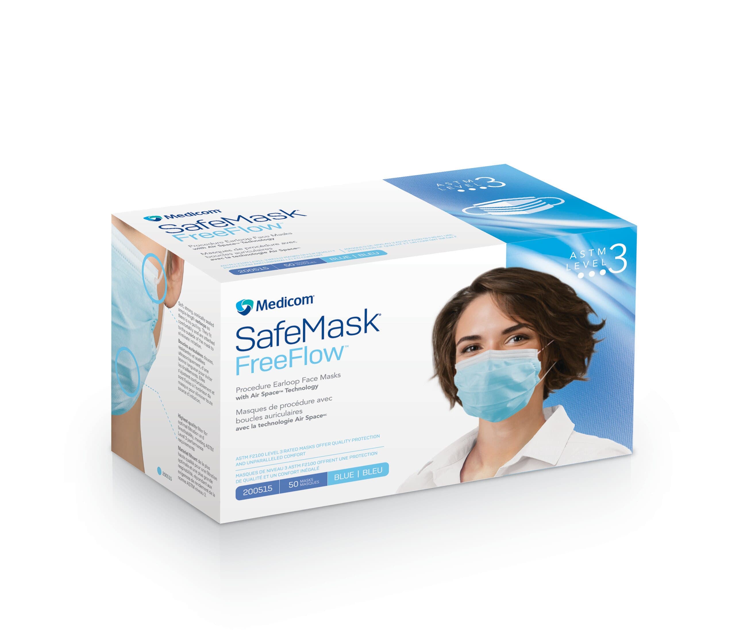 Medicom SafeMask FreeFlow Procedure Face Mask, ASTM Level 3, Blue, 50/Box, 200515 thumbnail 16