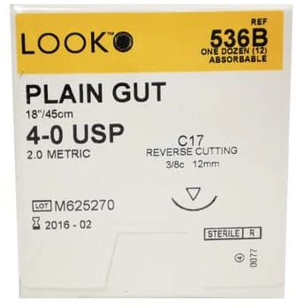Look Plain Gut Absorbable Suture, 4-0, 18"/45cm, C17 Reverse Cutting Needle 12mm 3/8 Circle, 12/Box, 536B thumbnail 3