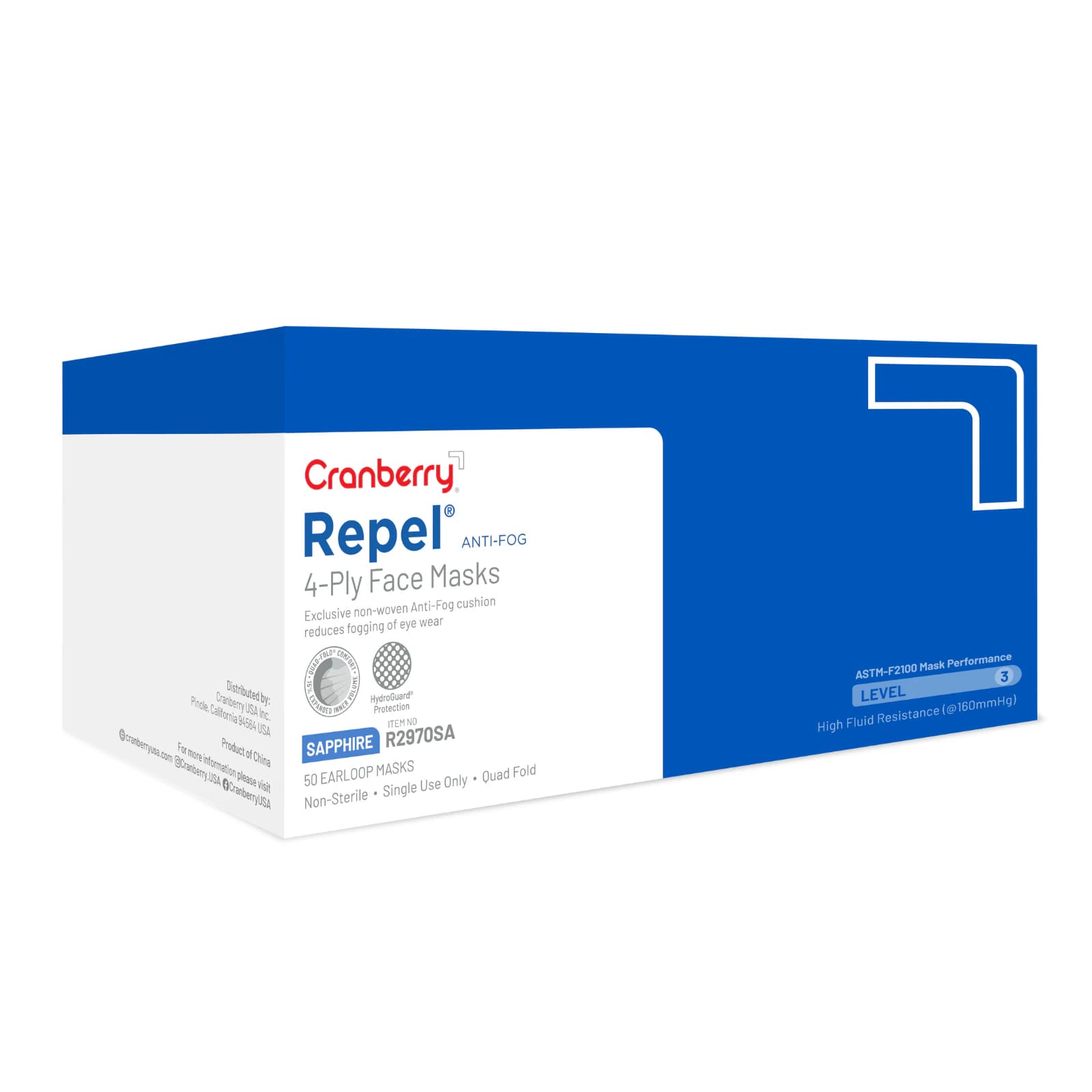 Cranberry Repel Anti-Fog 4-Ply Earloop Face Mask, ASTM Level 3, Sapphire, 50/Box, R2970SA thumbnail 15