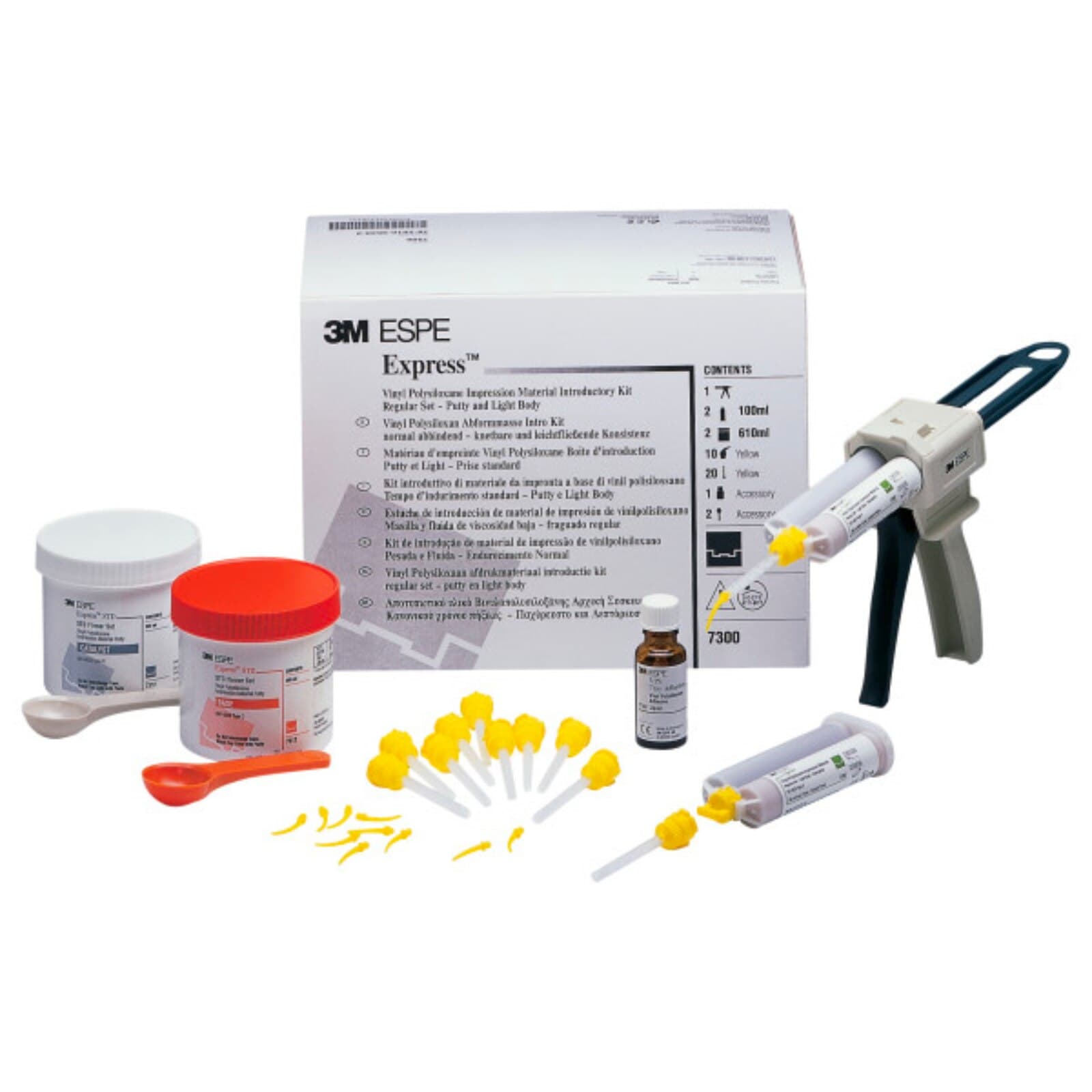 3M Express VPS Impression Material Intro Kit, 7300, Includes 2 x 305 mL Putty Jars, 2 x 50 mL Light Body Regular Set Cartridges, Garant Dispenser, Mixing/Intraoral Tips, VPS Tray Adhesive, 2 Putty Spoons thumbnail 2