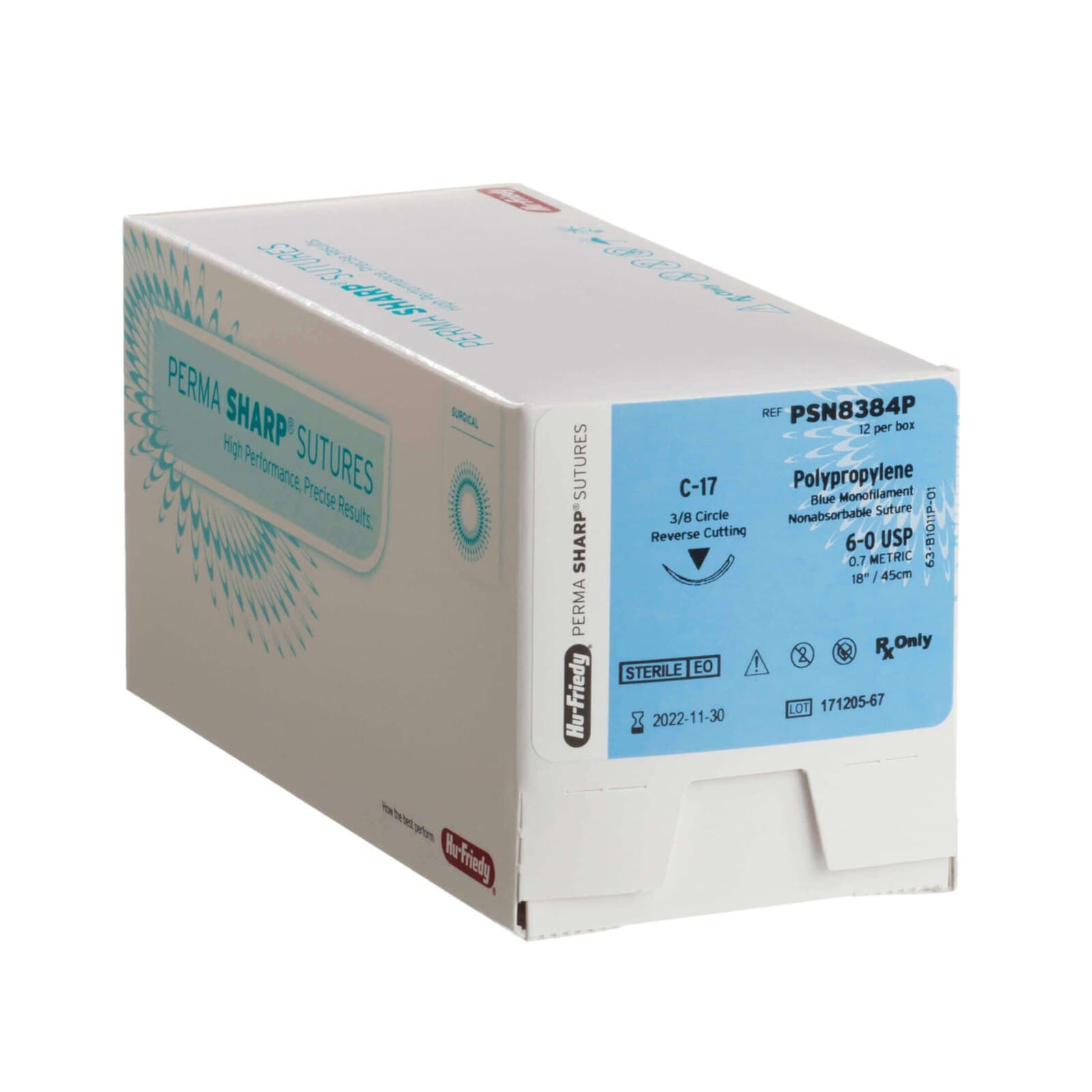 Hu-Friedy Perma Sharp Suture, Polypropylene Monofilament, 5-0, Blue, 18" C-17 3/8 Circle Reverse Cutting Needle, 12/Box thumbnail 2