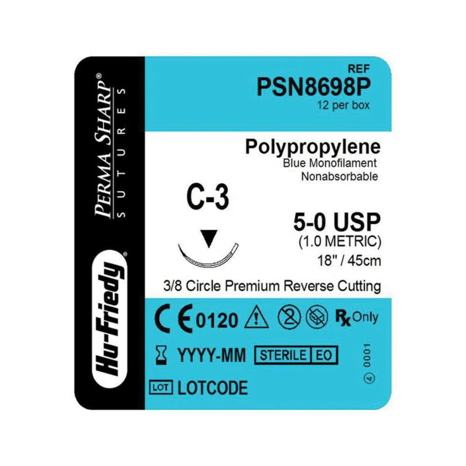 Hu-Friedy Perma Sharp Non-Absorbable Polypropylene Suture, 5-0, Blue, 18", C-3 Premium Reverse Cutting Needle, 3/8 Circle, 13 mm, 12/Box, PSN8698P thumbnail 5