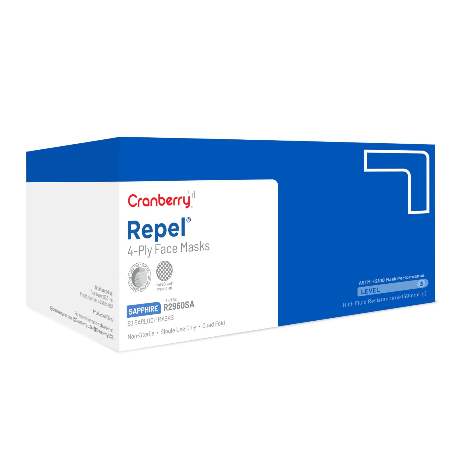 Cranberry Repel 4-Ply Earloop Procedure Face Mask, ASTM Level 3, Sapphire, 50/Box, R2960SA thumbnail 15