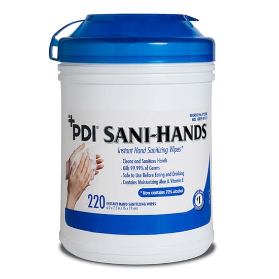 PDI Sani-Hands Instant Hand Sanitizing Wipes, 70% Ethyl Alcohol, 6" x 7.5", 220 Wipes/Canister, P15984 thumbnail 3