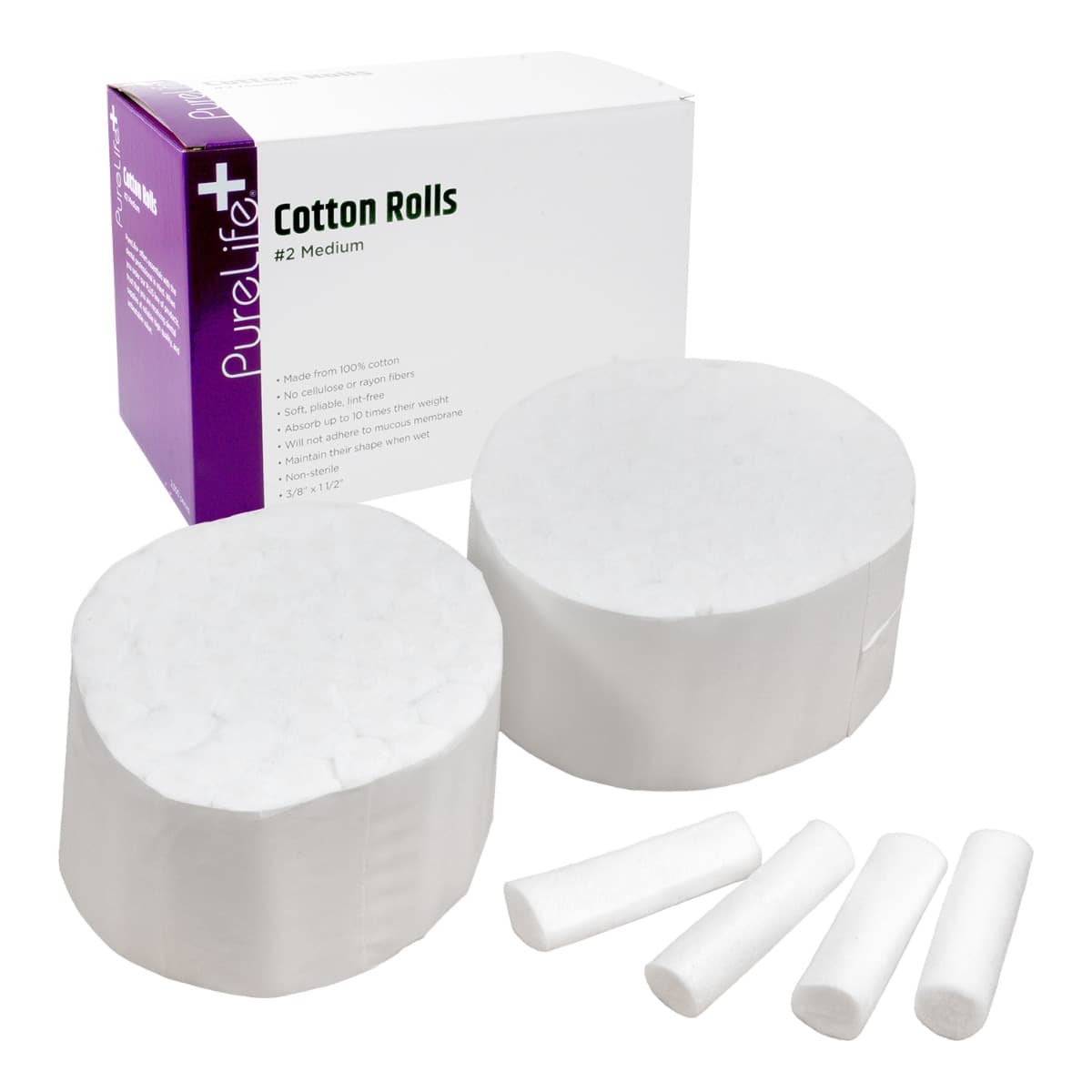 PureLife+ #2 Medium Cotton Rolls, Non-Sterile, 3/8" x 1 1/2", 2000/Box thumbnail 2