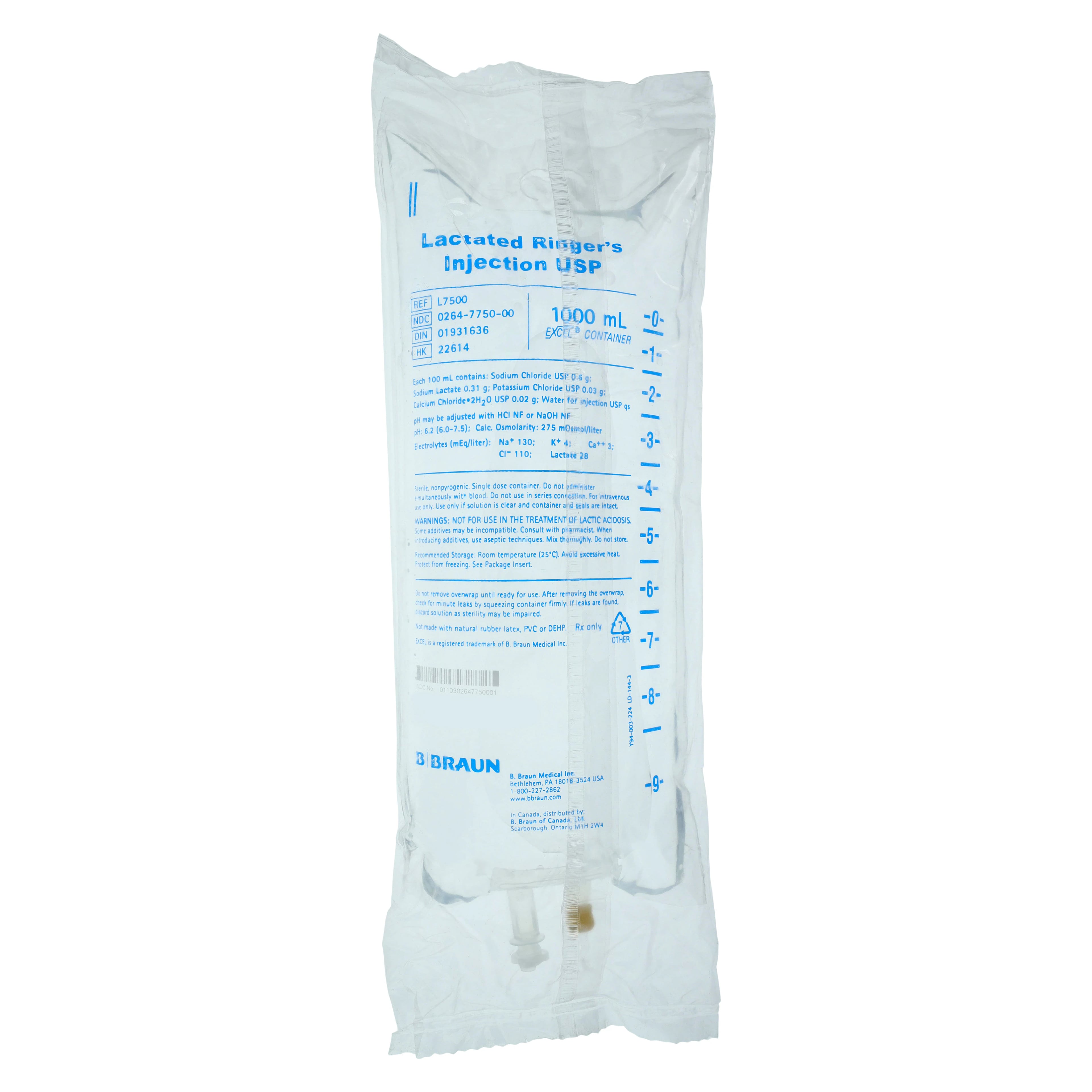 B. Braun Lactated Ringer's Injection USP, 1000 mL Plastic Bag, DEHP-Free, Sterile, L7500