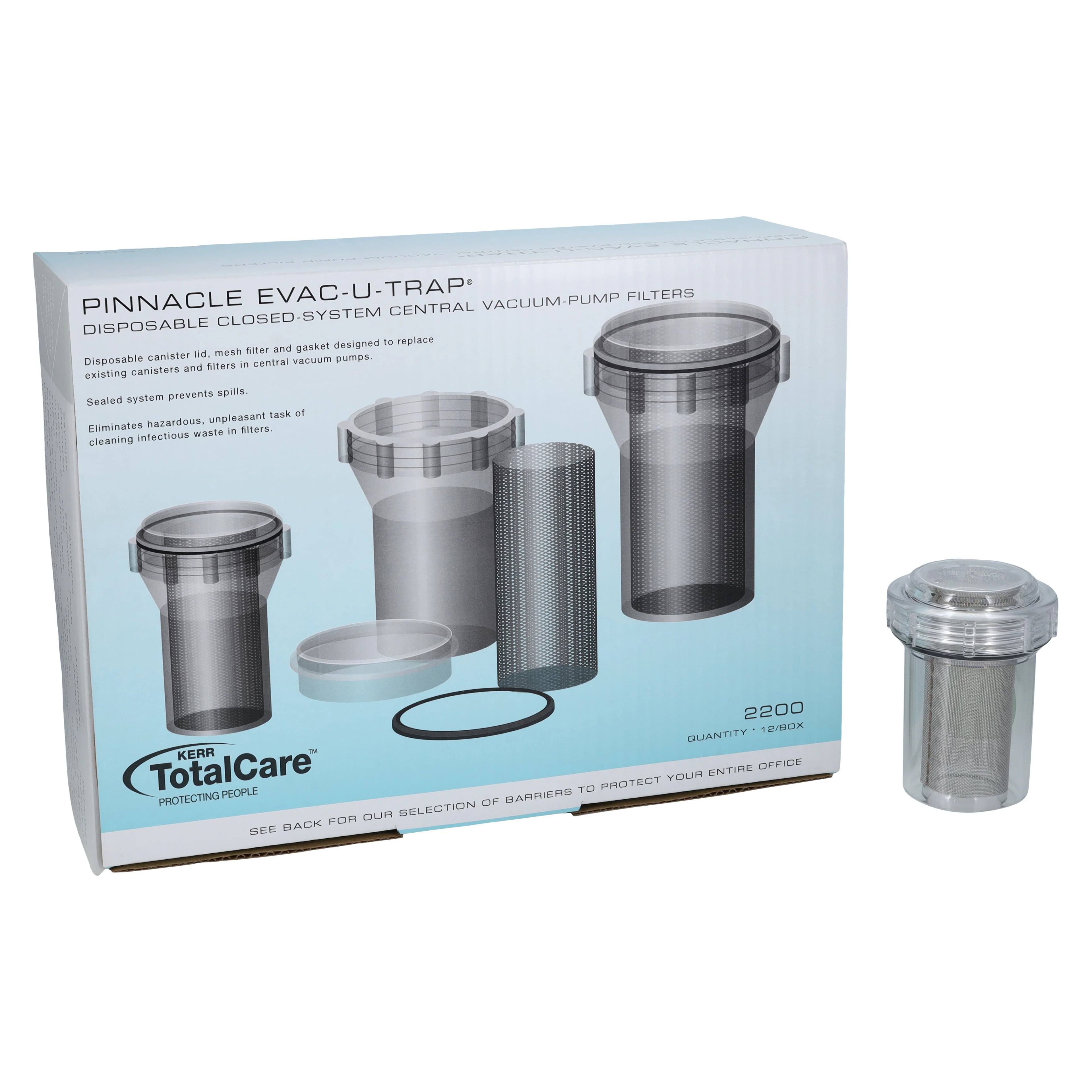 Kerr TotalCare Evac-u-Trap Disposable Canister, Model 2200, Internal Thread, 2-3/4"W x 3-5/8"H, 12/Box