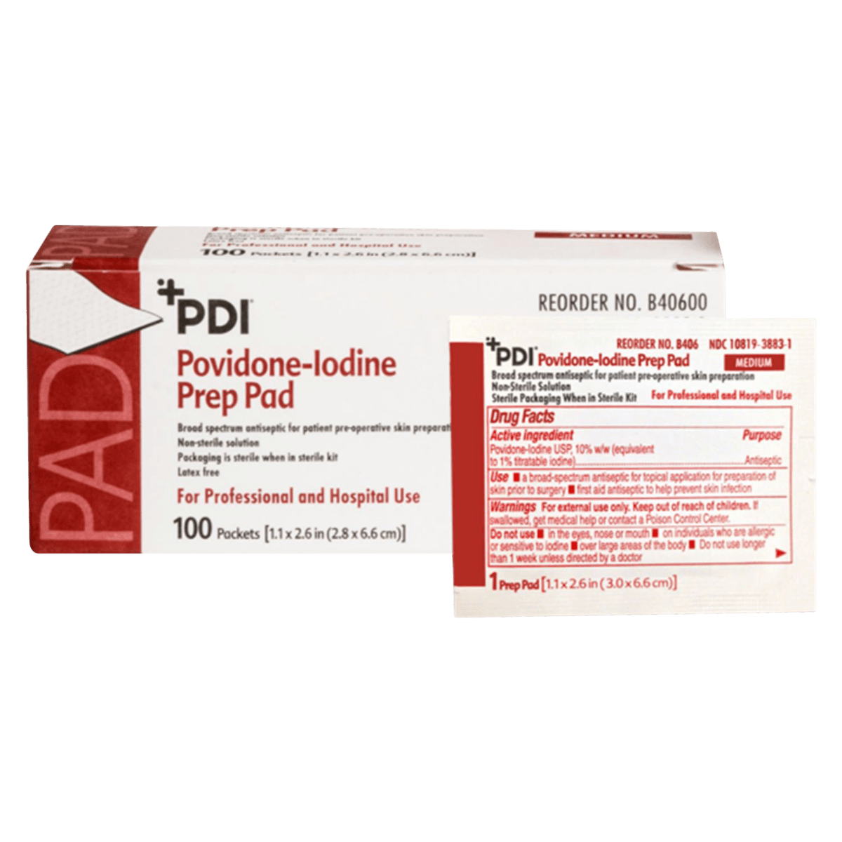 PDI PVP Iodine Prep Pad, Medium, 1.1875" x 2.625", 100/Bx, B40600