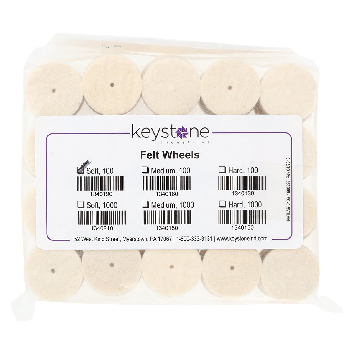 Keystone Soft Felt Wheels, 1" x 1/4", 100 per Box, No. 534S