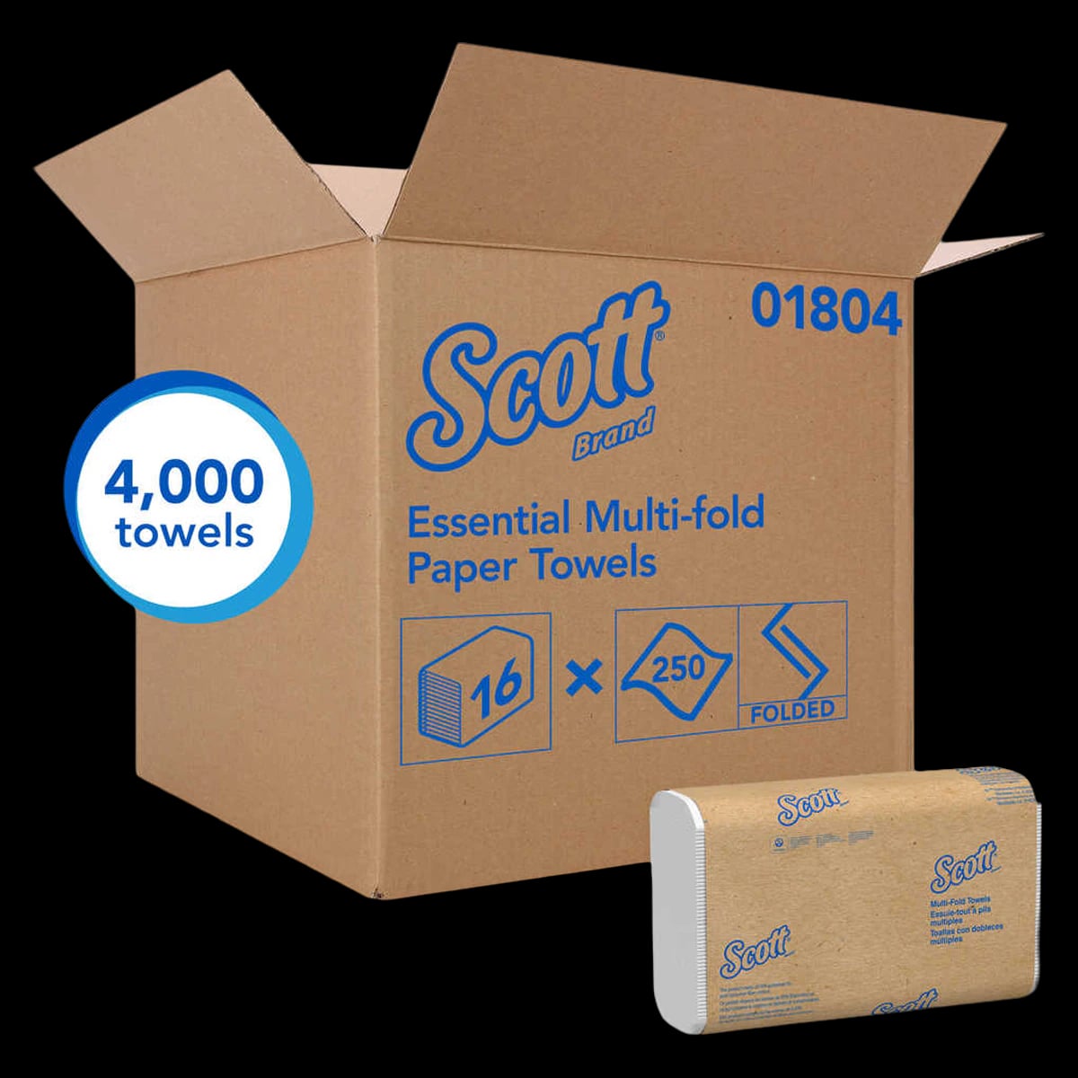 Scott Multi-Fold Paper Towels, 1-Ply, White, 9.2 in x 9.4 in, 250 Sheets/Pack, 16 Packs/Case, 01804