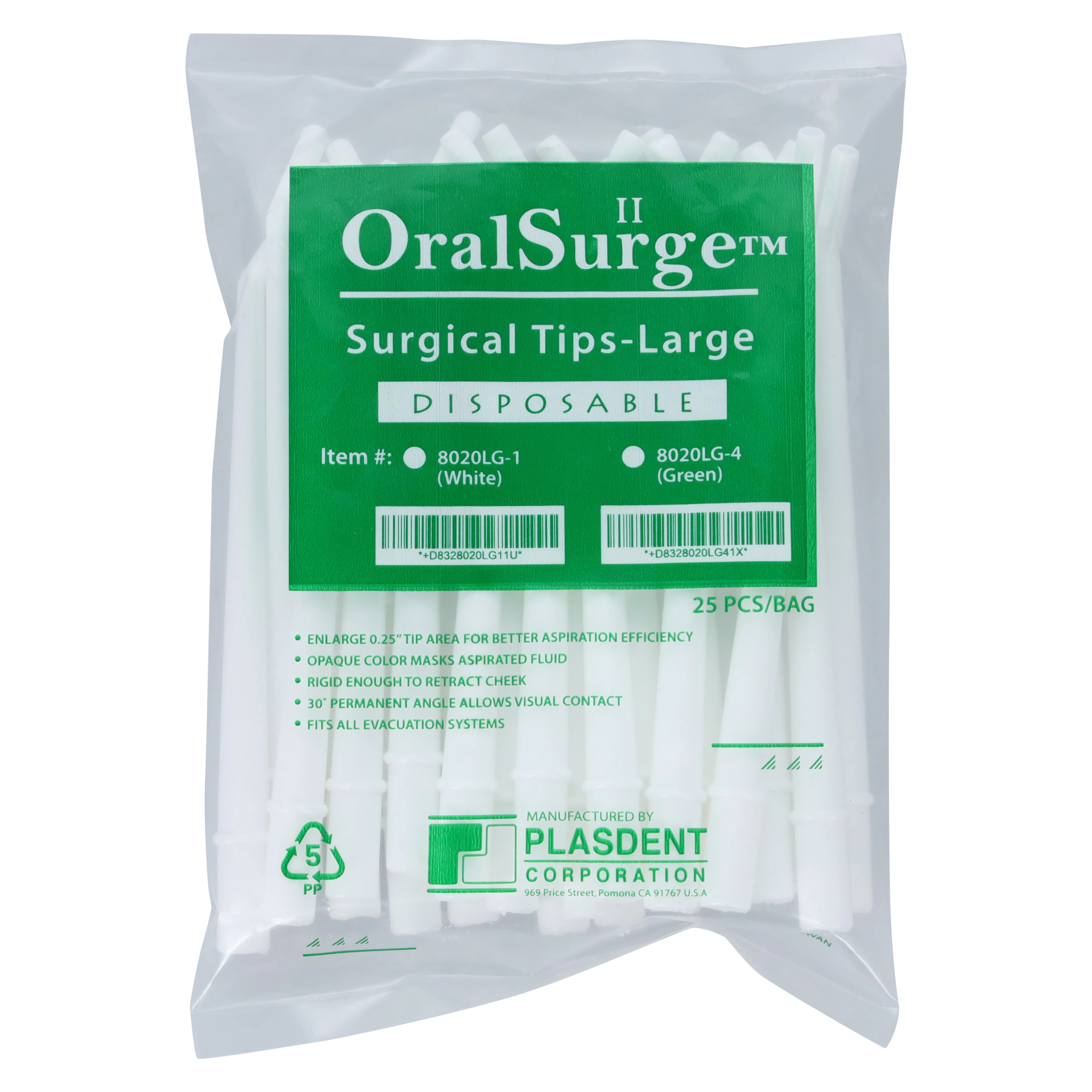 Plasdent OralSurge II Disposable Surgical Aspirator Tips, 1/4" Orifice, 30-Degree Angled, White, 25/Pk, 8020LG-1