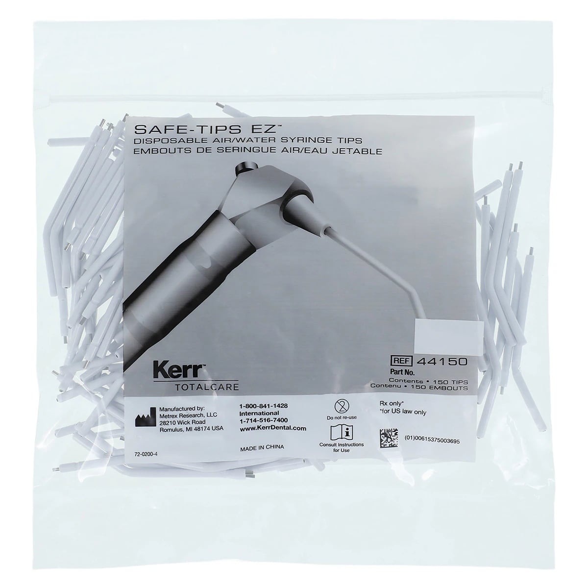 Safe-Tips EZ Disposable Air/Water Syringe Tips, Universal Fit, Plastic with Metal Core, White, 150/Pkg, Ref 44150