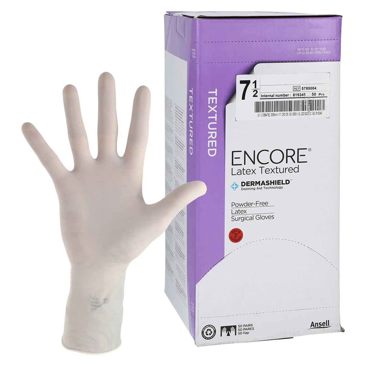 Encore PF Sterile Latex Surgical Gloves, Powder-Free, Textured, Size 7.5, Cream, 50 Pairs/Box, 5785004
