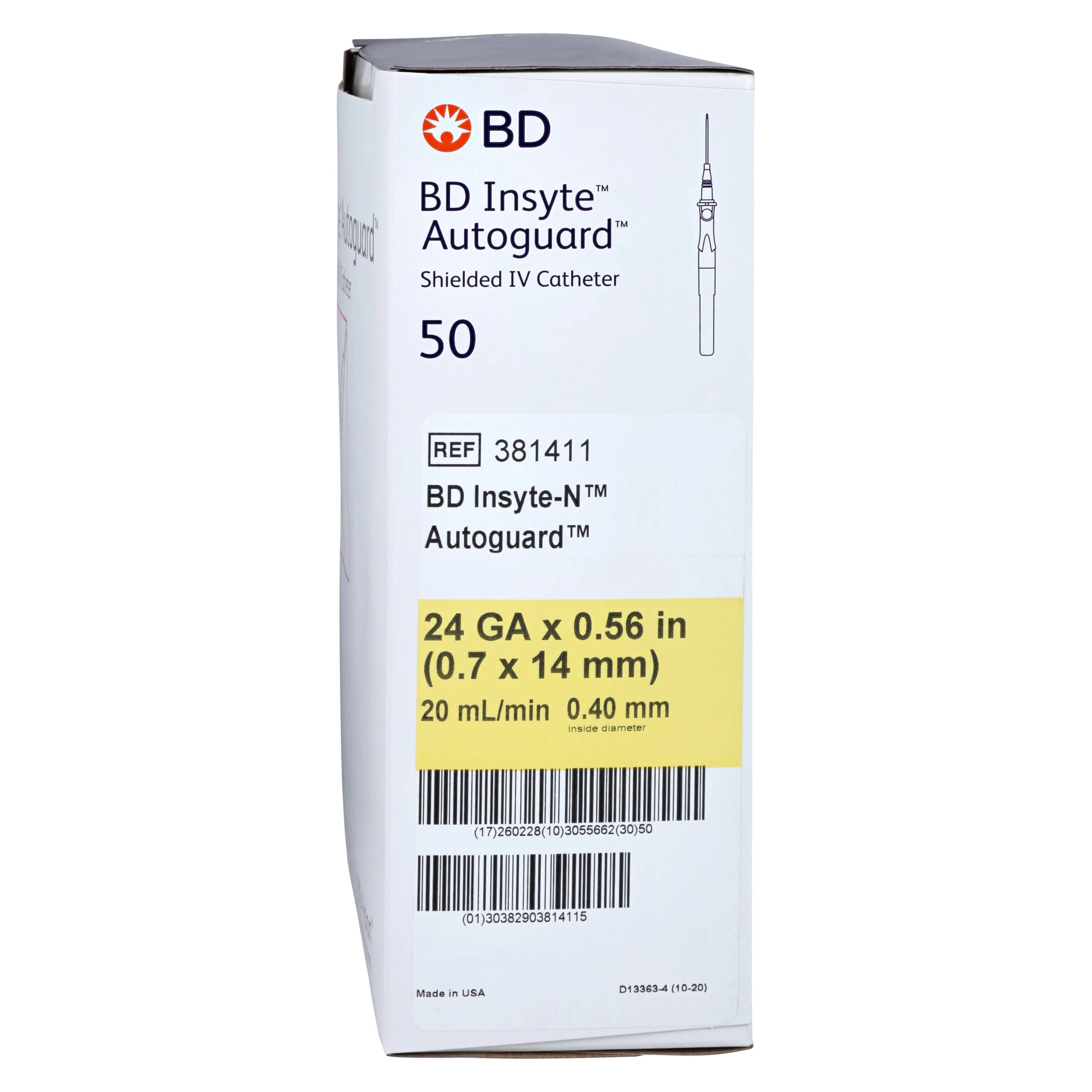 BD Insyte-N Autoguard Shielded IV Catheter, 24G x 0.56 in, Yellow, Notched Needle, Vialon, Sterile, 50/Bx, 381411