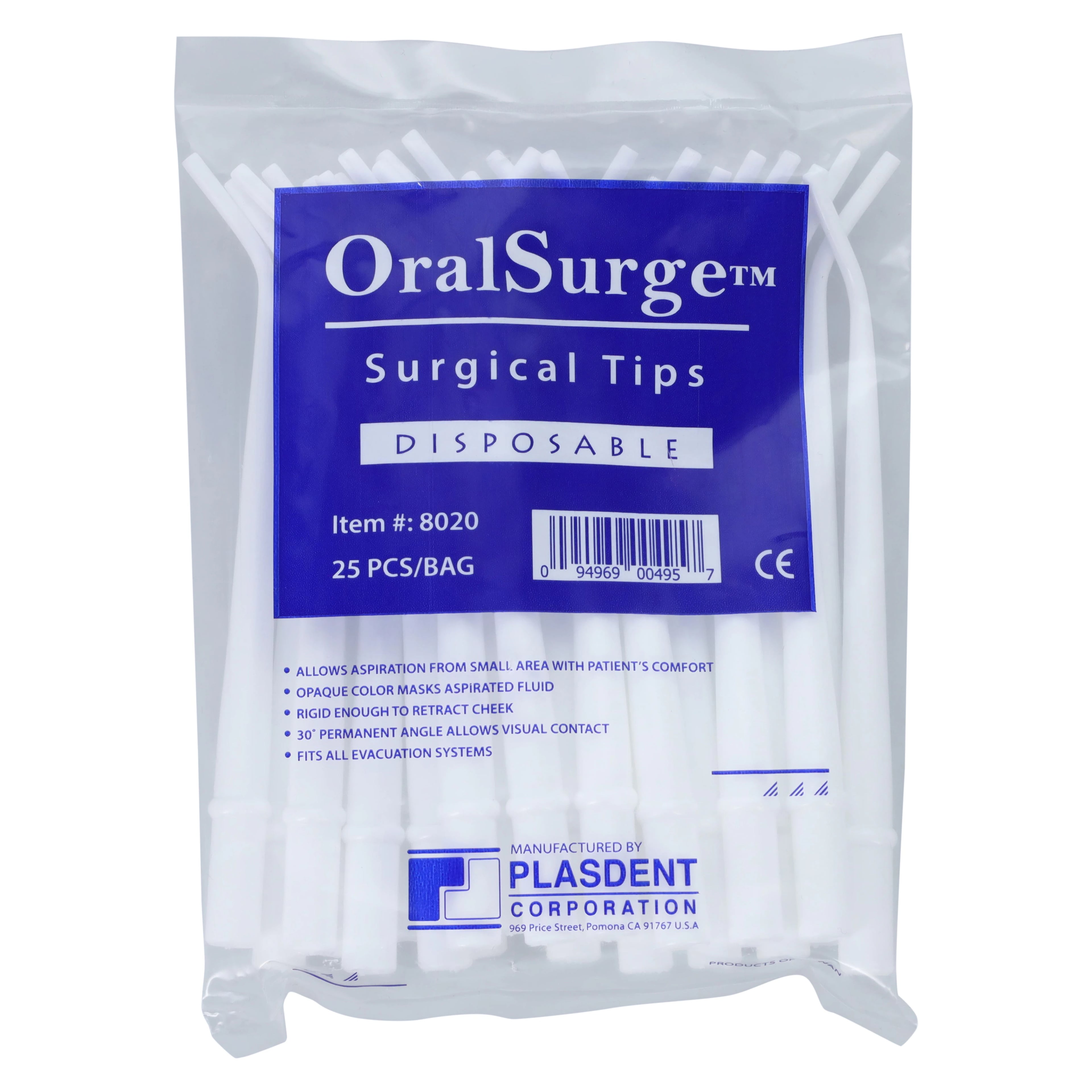 Plasdent OralSurge Disposable Surgical HVE Aspirator Tips, 30-Degree Angled, 1/8" Orifice, White, 25/Pk, 8020