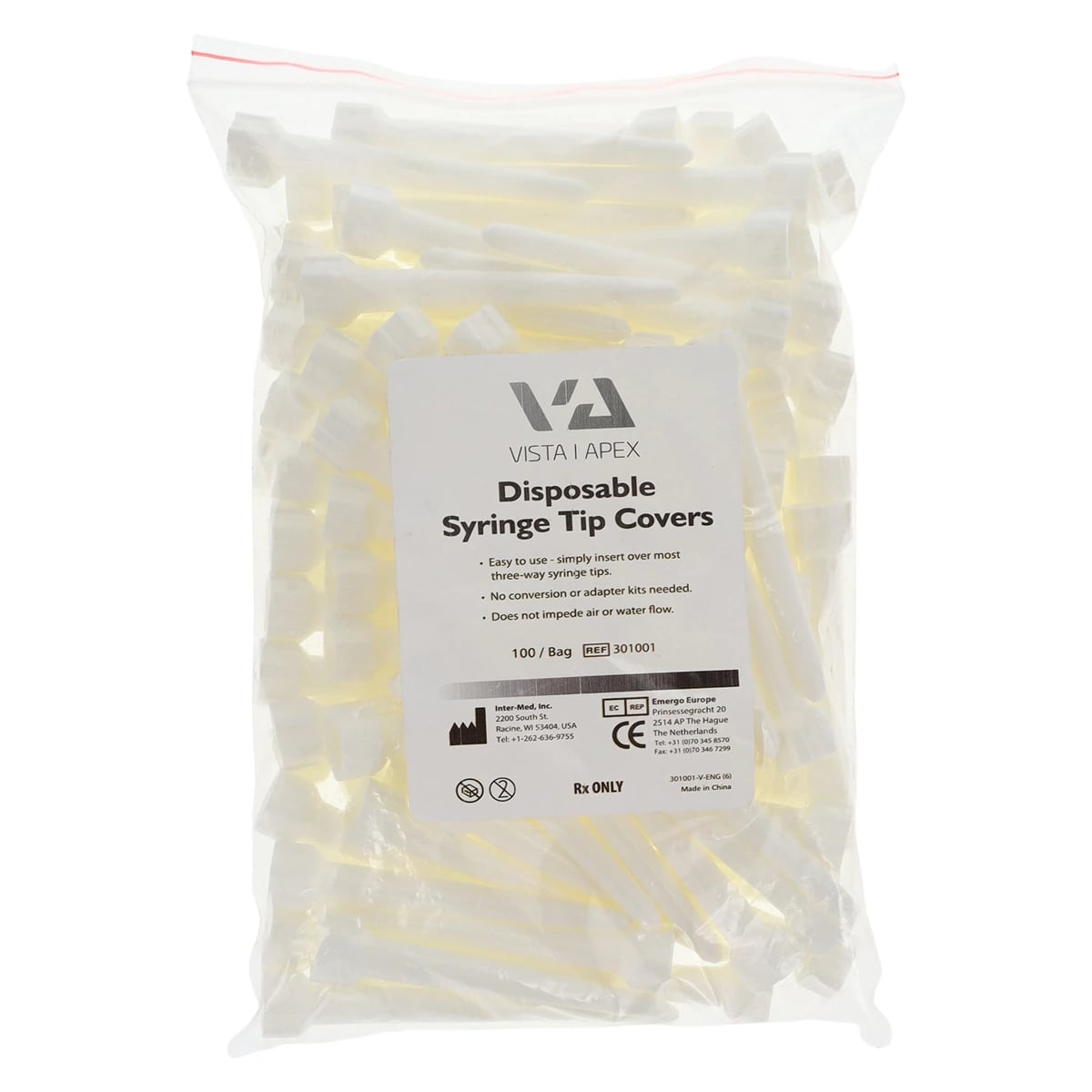 Vista Apex Syringe Tip Covers, Hydrophobic Suck-Back Protection, White, 100/Bag, 301001