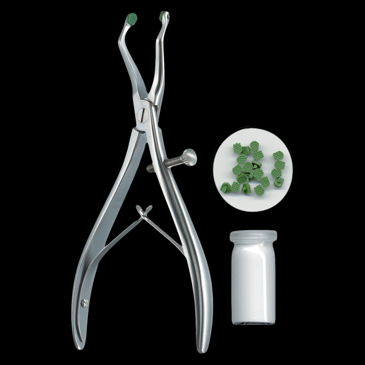 A. Titan Temporary Crown Tractor Kit #1000, Crown Removing Plier with Spring and Screw, 20 Autoclavable Rubber Inserts, 10g Emery Powder