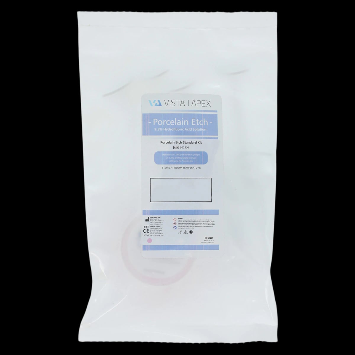 Porcelain Etch Standard Kit, 9.5% Hydrofluoric Acid Etching Gel, 1.2 ml Prefilled Syringes, High Viscosity, Light Yellow, 2/Pk, 502500