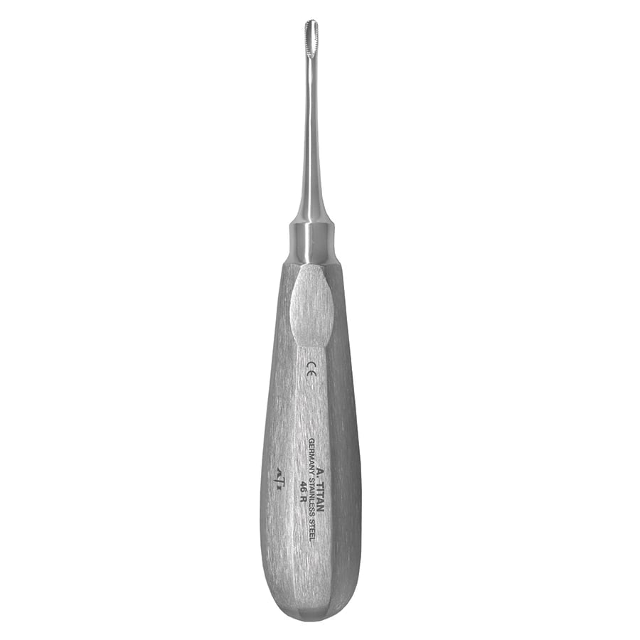 A. Titan Instruments 46R Molar Elevator, Serrated, Angled, Single End, Stainless Steel, 1/Pk, ATI-46R