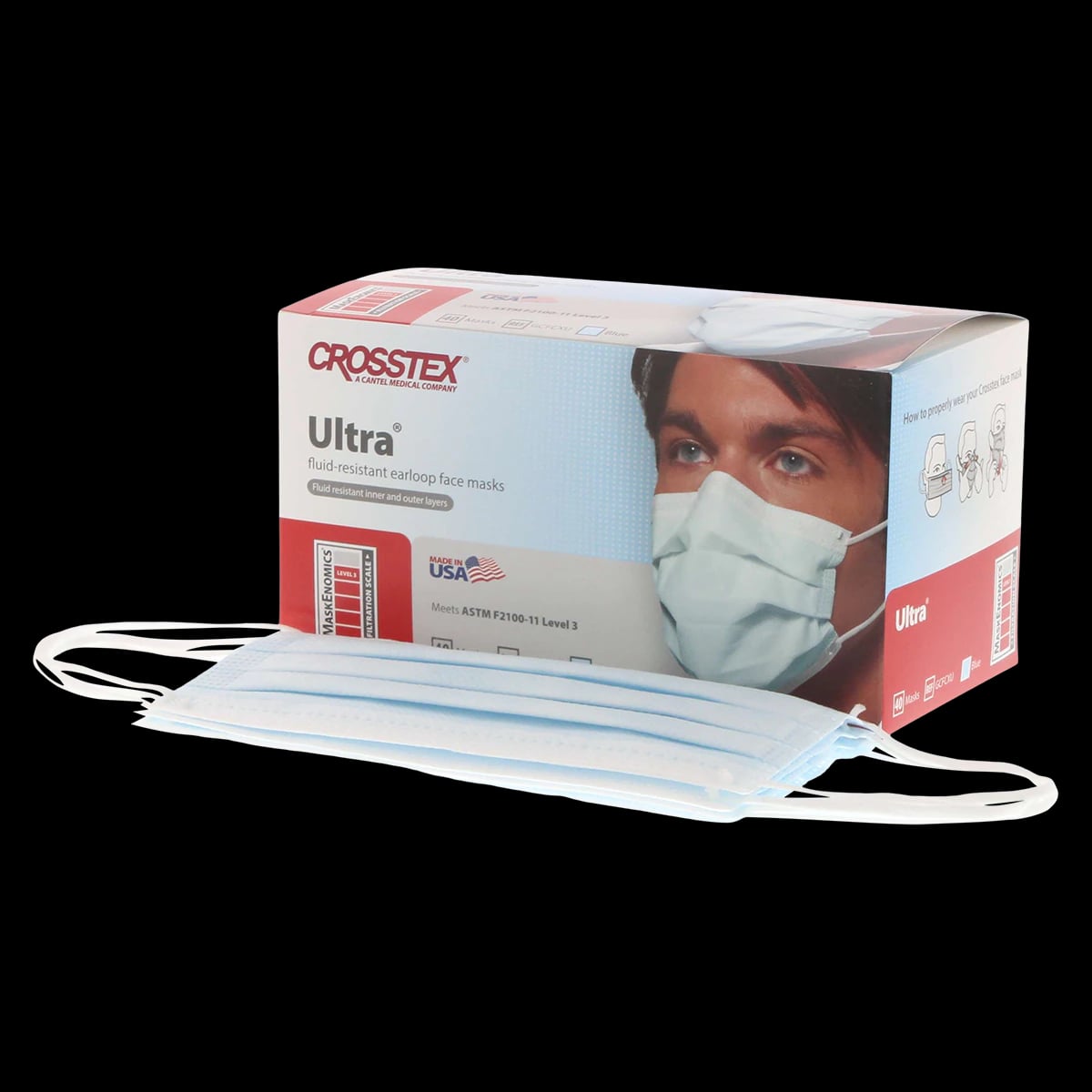 Crosstex Ultra Earloop Face Masks, ASTM Level 3, Blue, Latex Free, 40/Box, GCFCXU