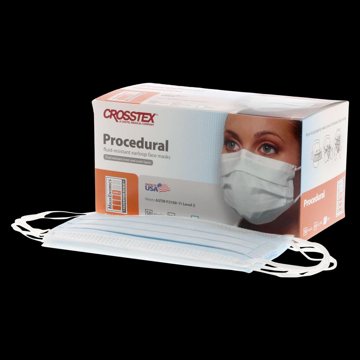 Crosstex Procedural Earloop Face Mask, ASTM Level 2, Blue, 50/Box, GCPBL