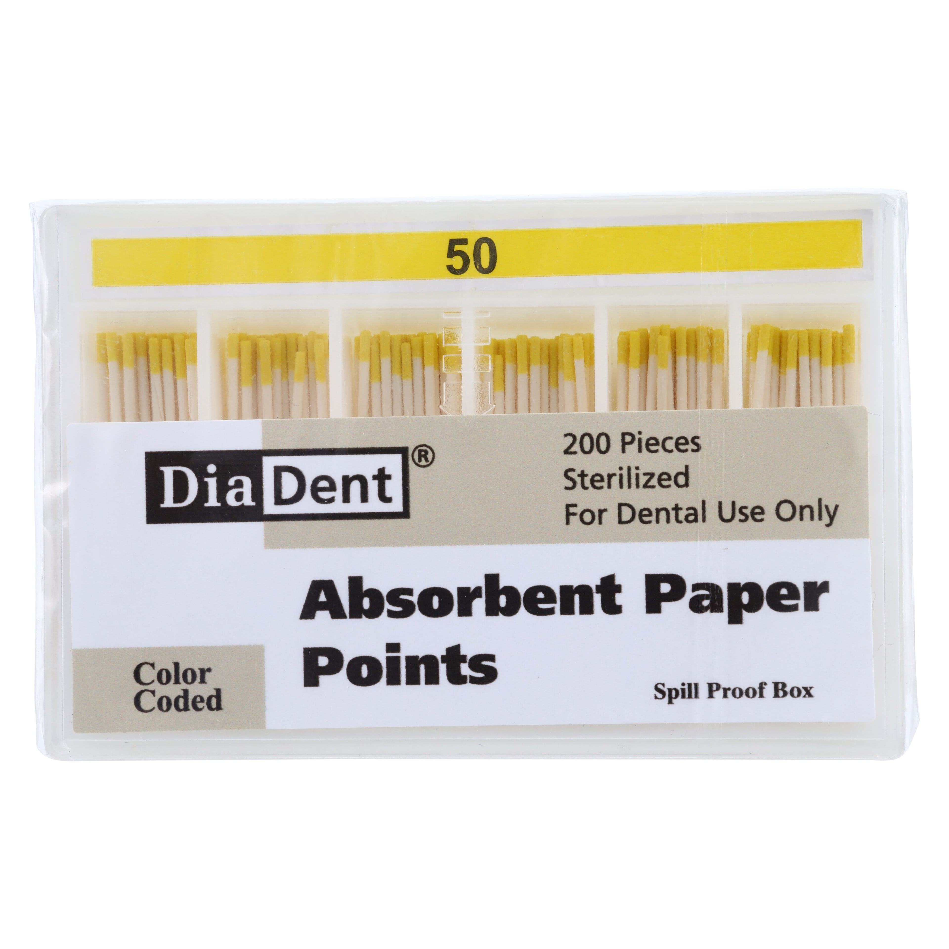 DiaDent Absorbent Paper Points, #50 (Yellow), .02 Taper, Non-Marked, Spill-Proof Box of 200