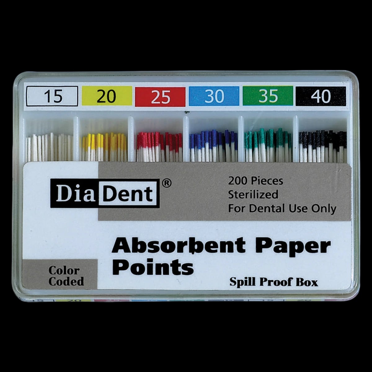 DiaDent Absorbent Paper Points, .02 Taper, Assorted #15-40, Non-Marked, Spill-Proof Box of 120