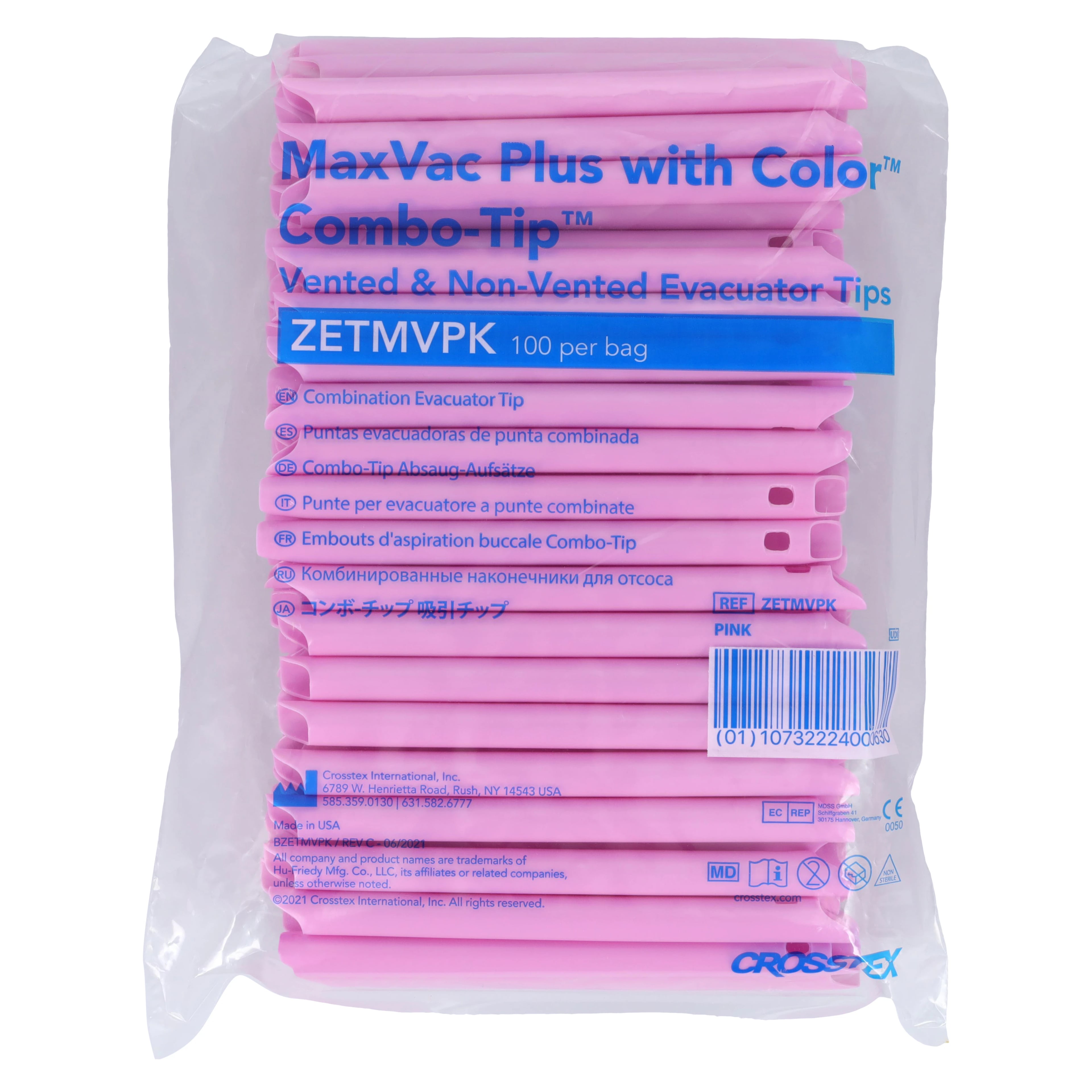 MaxVac Plus Combo Tip HVE Evacuator Tips, Vented/Non-Vented, Pink, 100/Pk, ZETMVPK