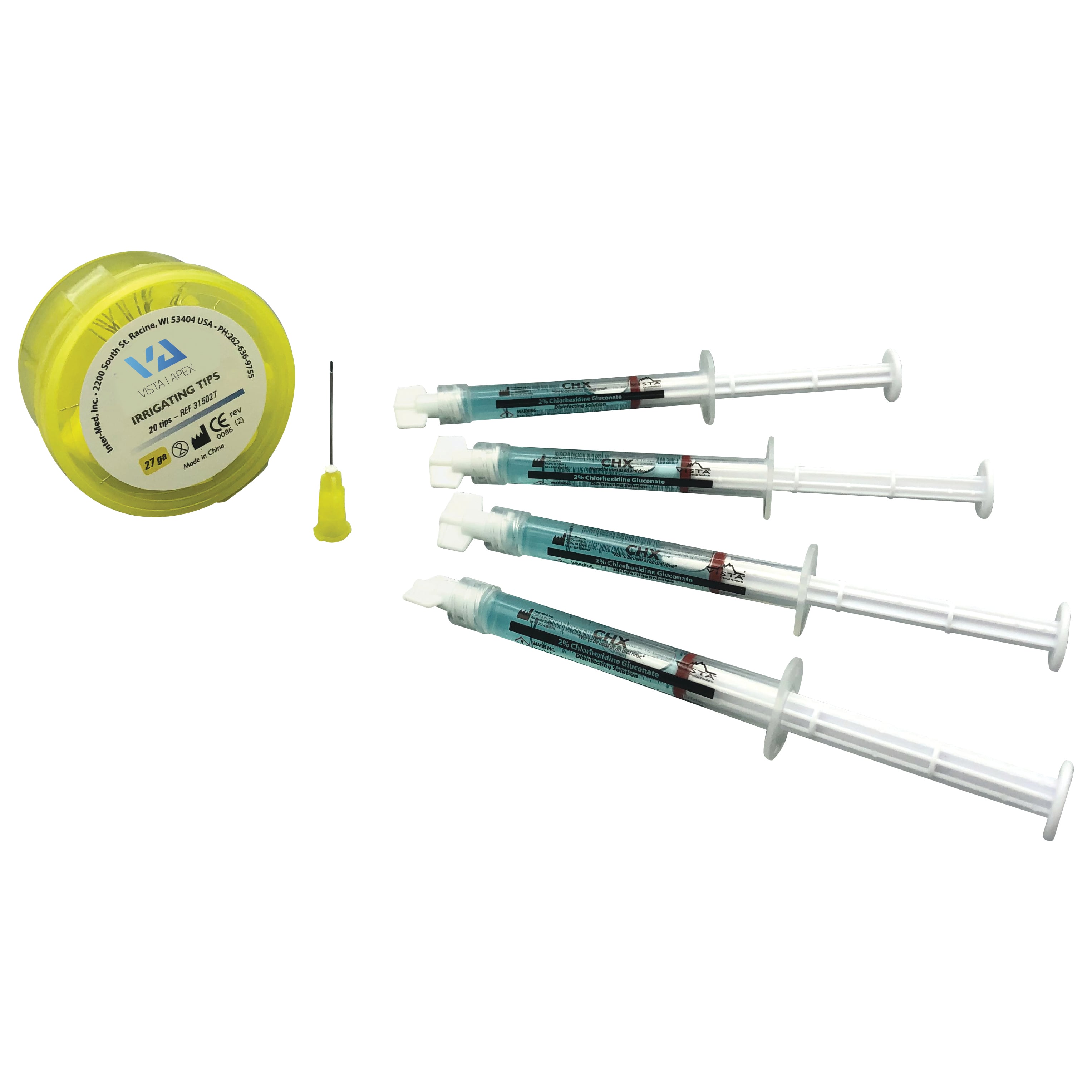 CHX-Plus Cleanser, 2% Chlorhexidine Gluconate, Endo Kit, 1.2 mL Prefilled Syringes, 4/Pk with 20 (27 Ga) Irrigating Tips, 502925