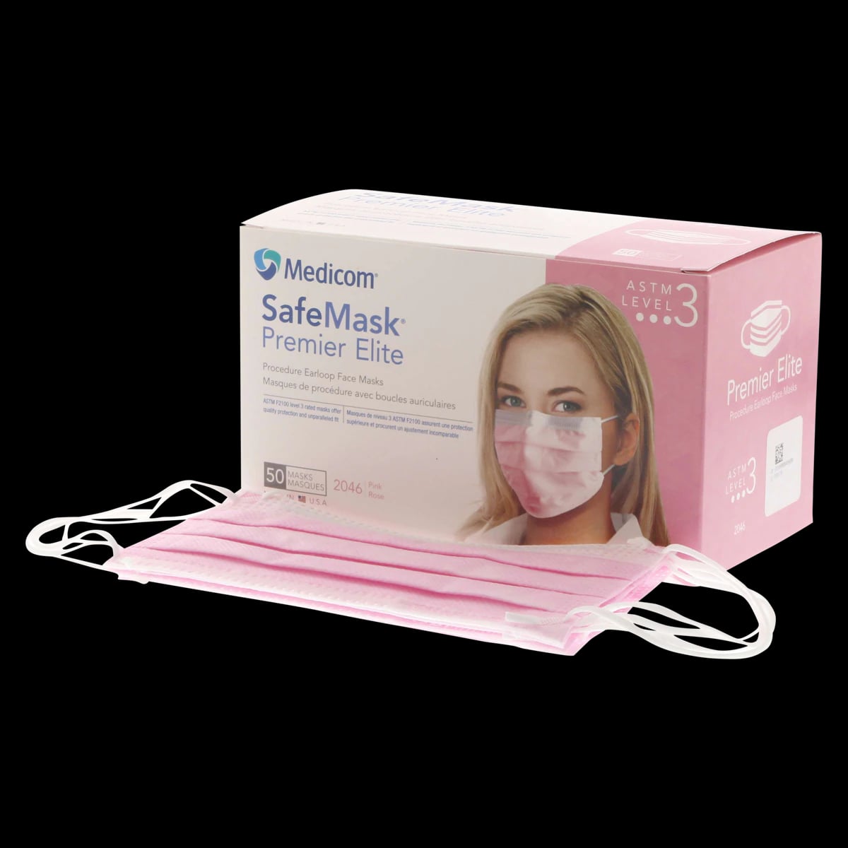 SafeMask® Premier Elite™ Procedure Earloop Face Mask, ASTM Level 3, Pink, 50/Box, 2046
