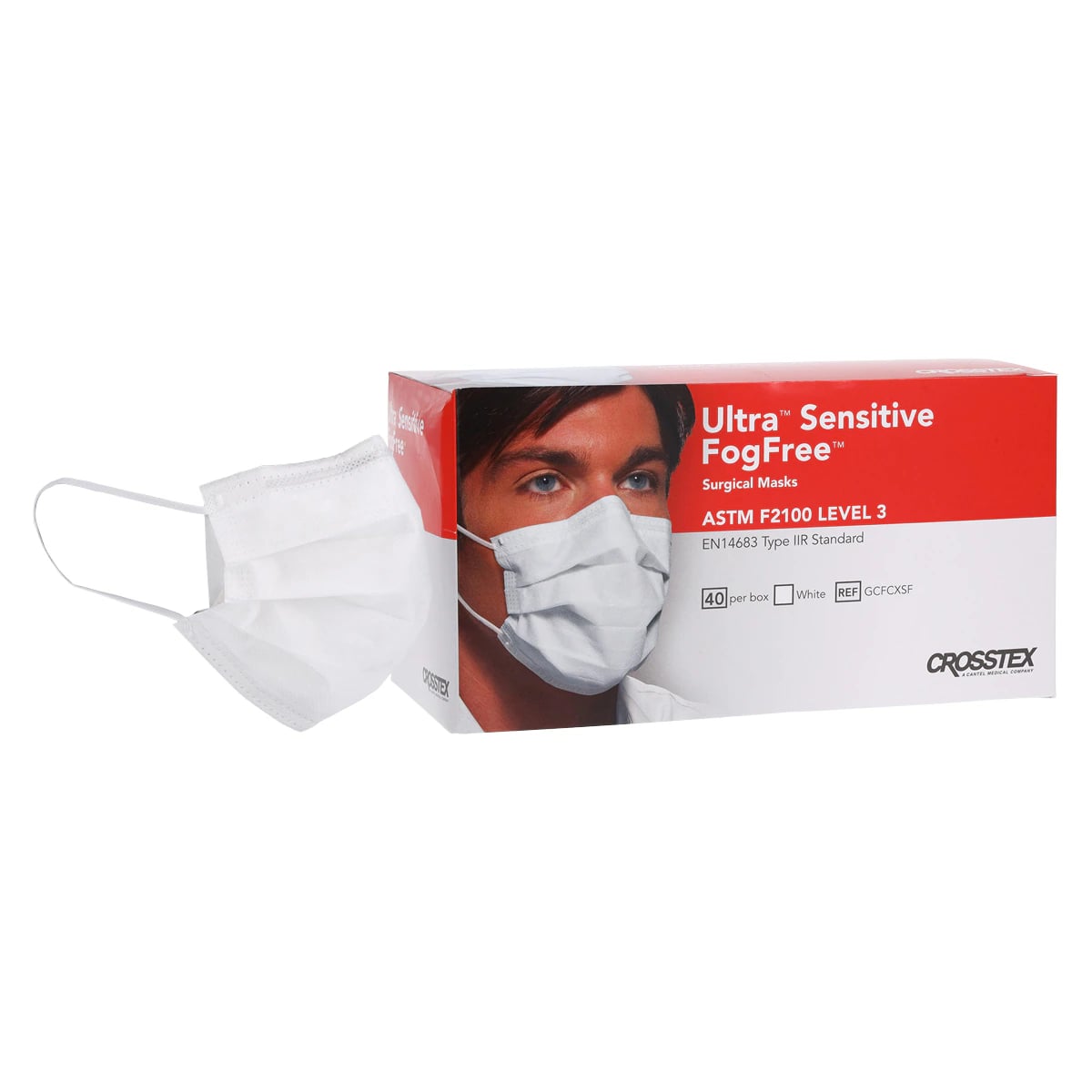 Crosstex Ultra Sensitive FogFree Earloop Face Mask, ASTM Level 3, White, 40/Box, GCFCXSF