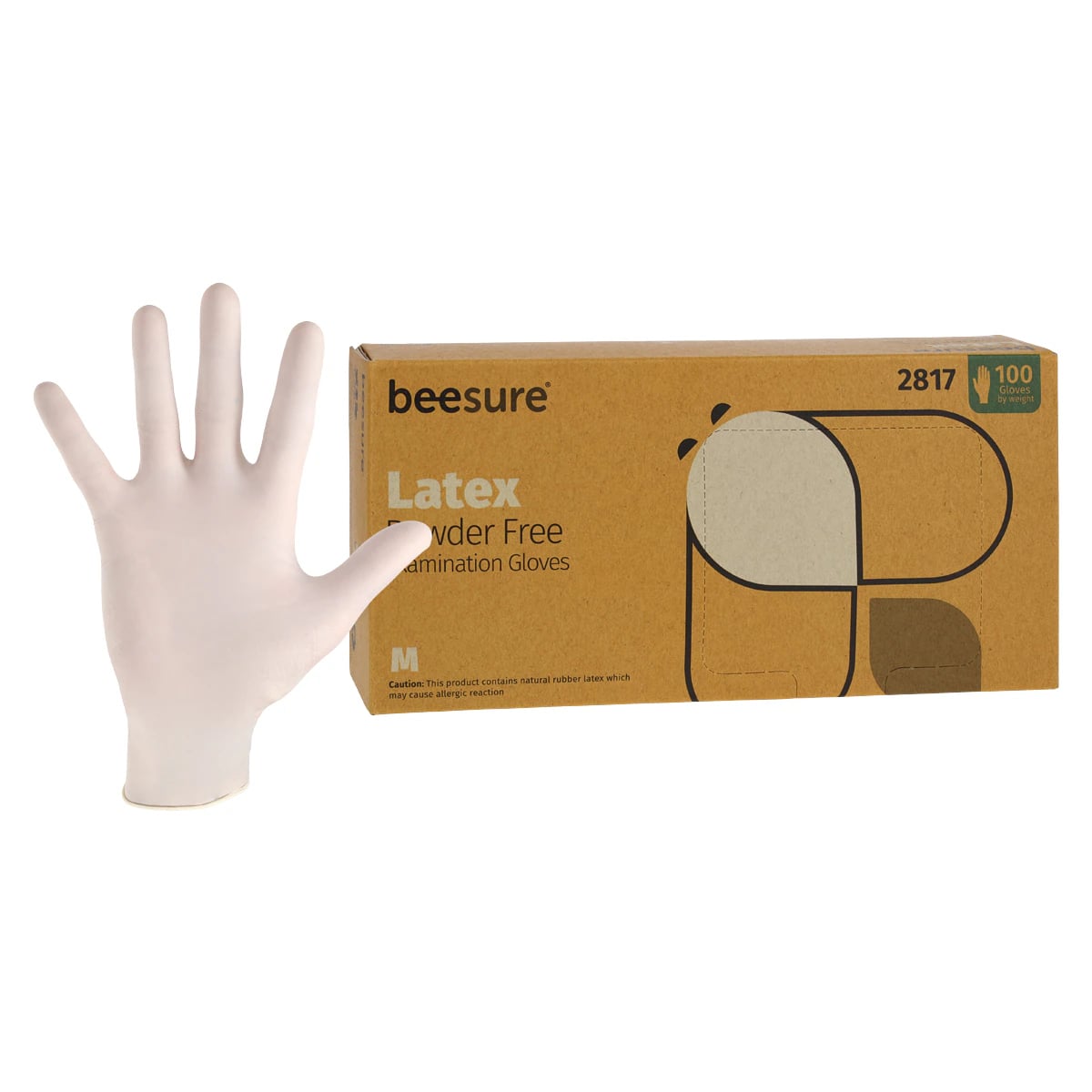 BeeSure Latex Exam Gloves, Powder Free, Non-Sterile, Medium, White, 100/Box, BE2817