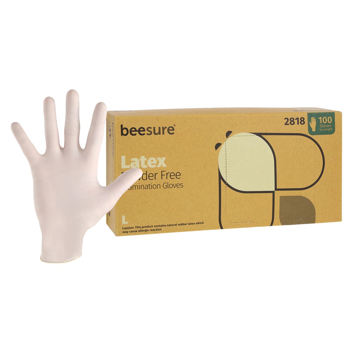 Beesure Latex Exam Gloves, Powder-Free, Non-Sterile, Large, White, 100/Box, BE2818