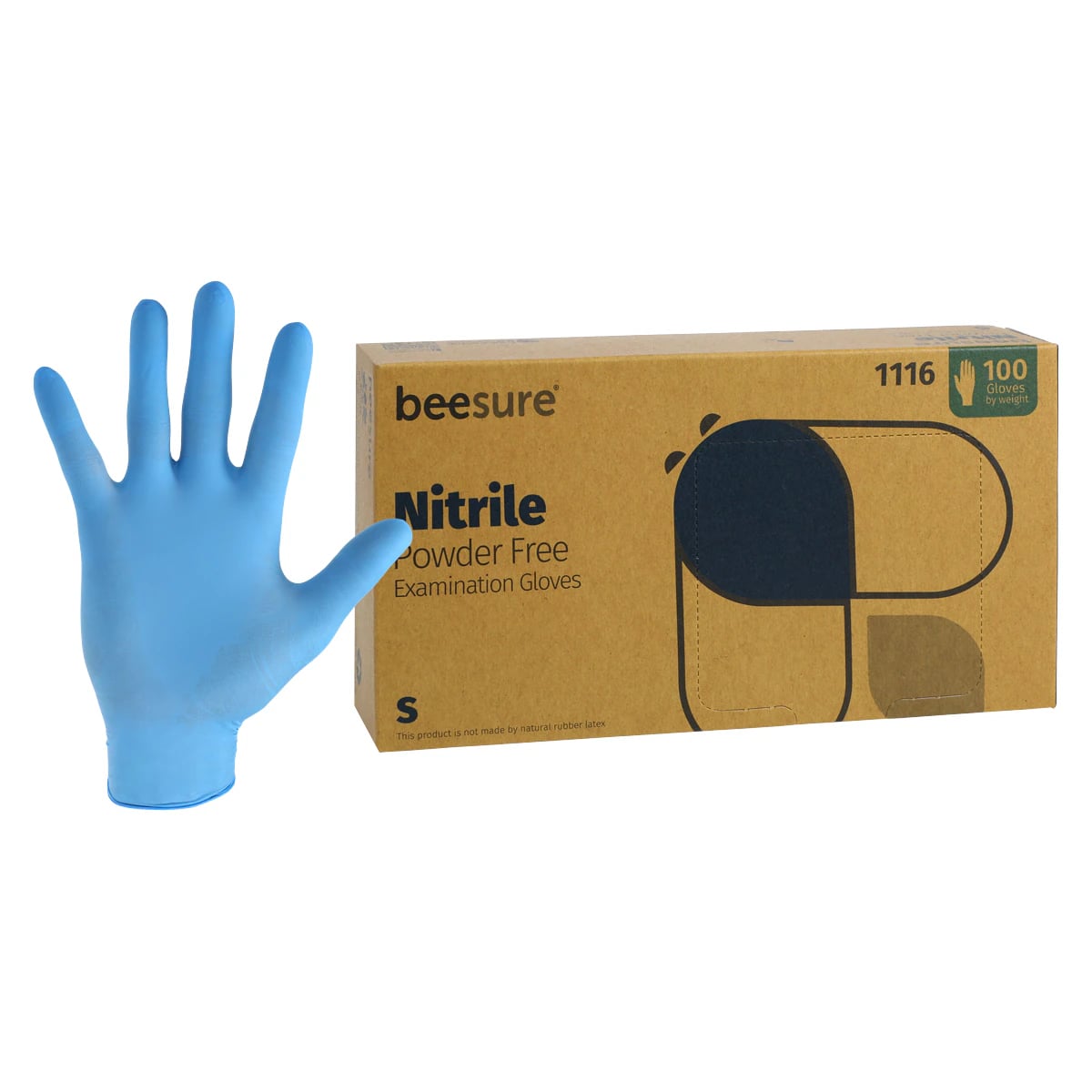 BeeSure Nitrile Exam Gloves, Powder-Free, Non-Sterile, Small, Blue, 100/Box, BE1116