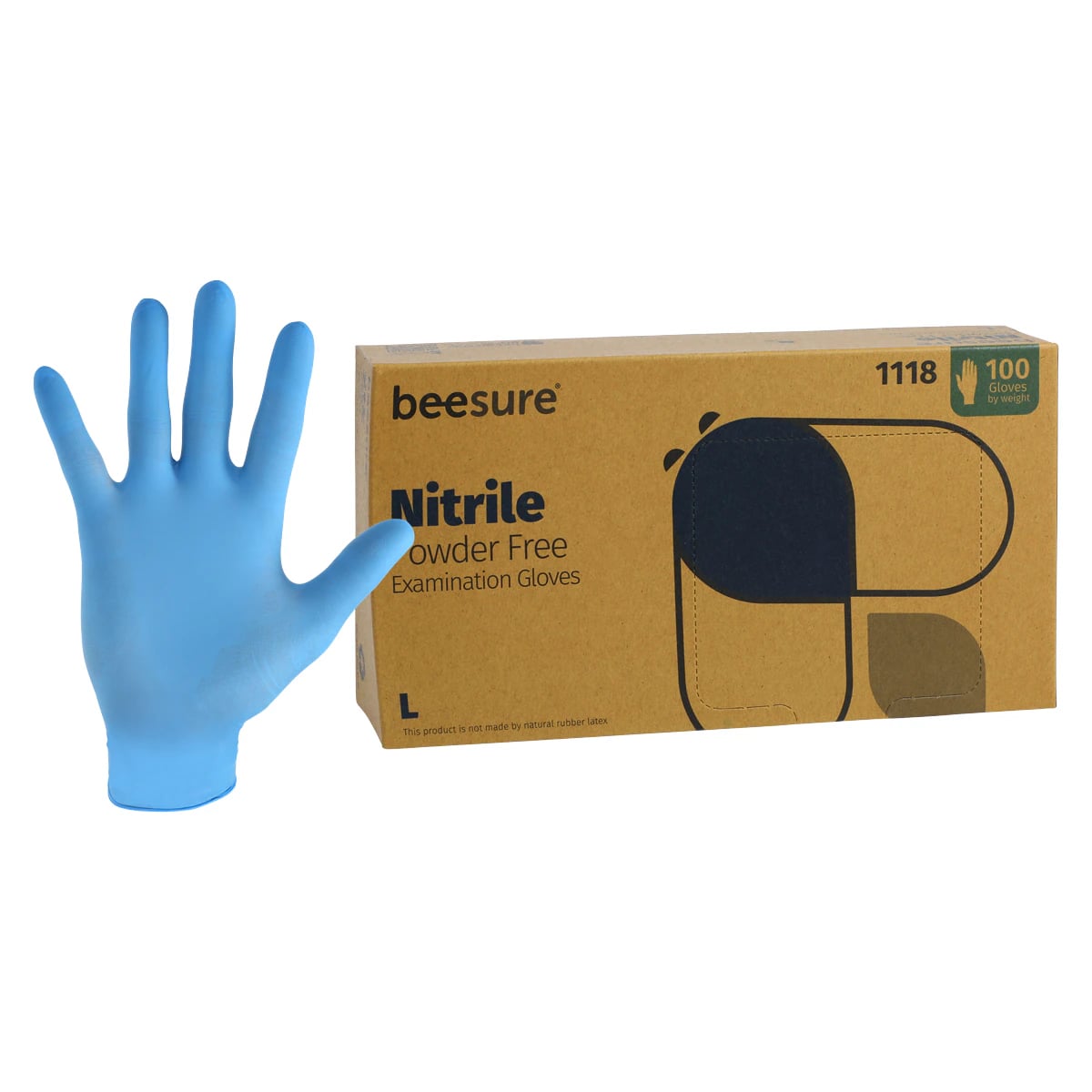 BeeSure® Nitrile Exam Gloves, Powder-Free, Non-Sterile, Large, Blue, 100/Box, BE1118