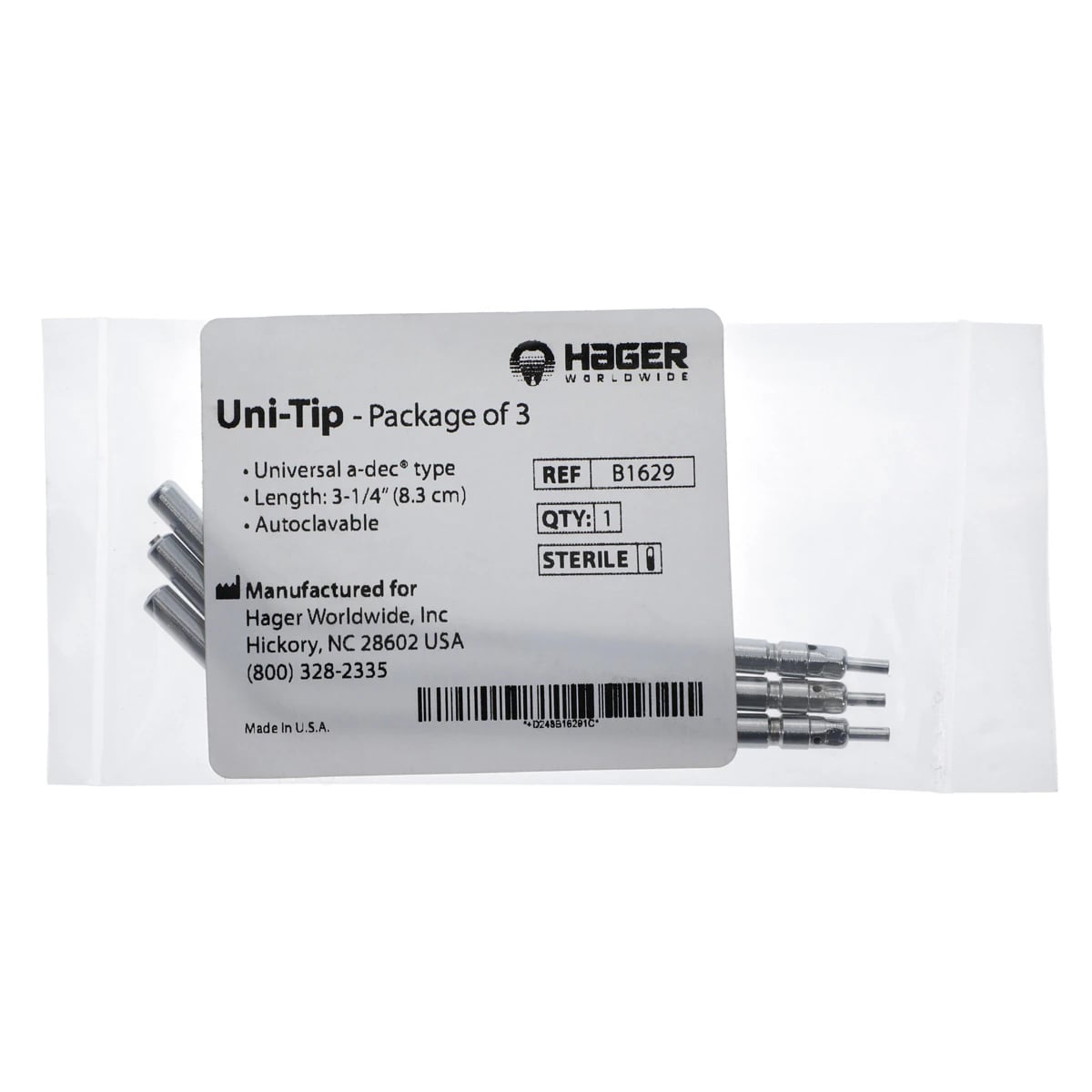 Hager Worldwide Uni-Tip Autoclavable Air/Water Syringe Tips, Universal/A-dec Type, 3-1/4" (8mm), Stainless Steel, 3/Pk, B1629