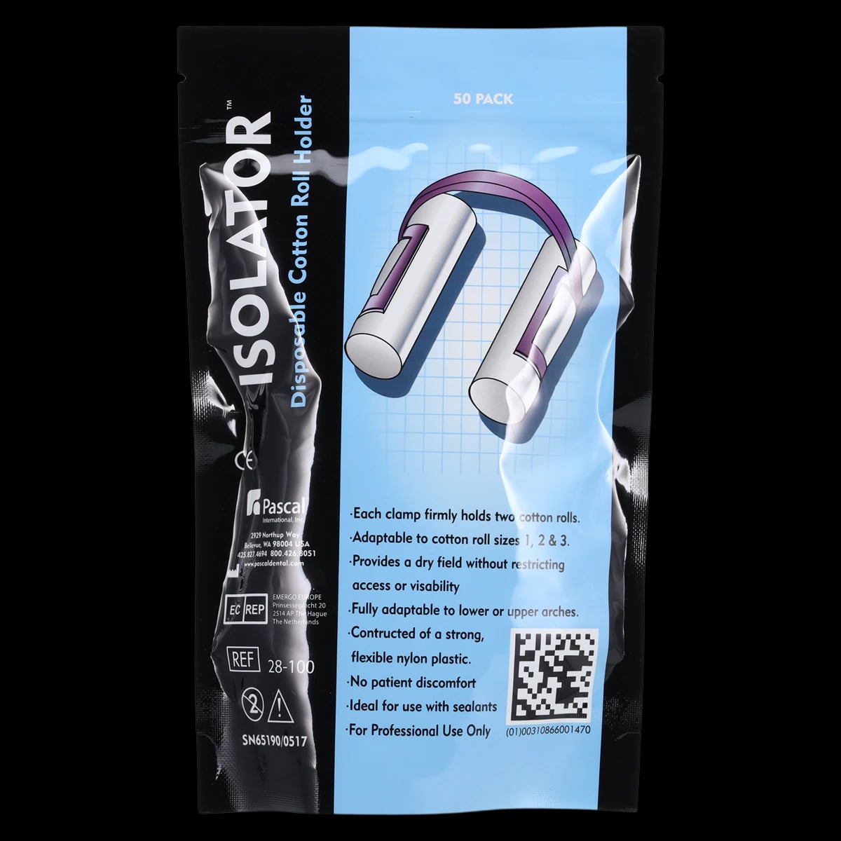 Isolators Disposable Cotton Roll Holder, Purple, Adaptable to Sizes 1, 2 & 3, 50/Pk, 28-100
