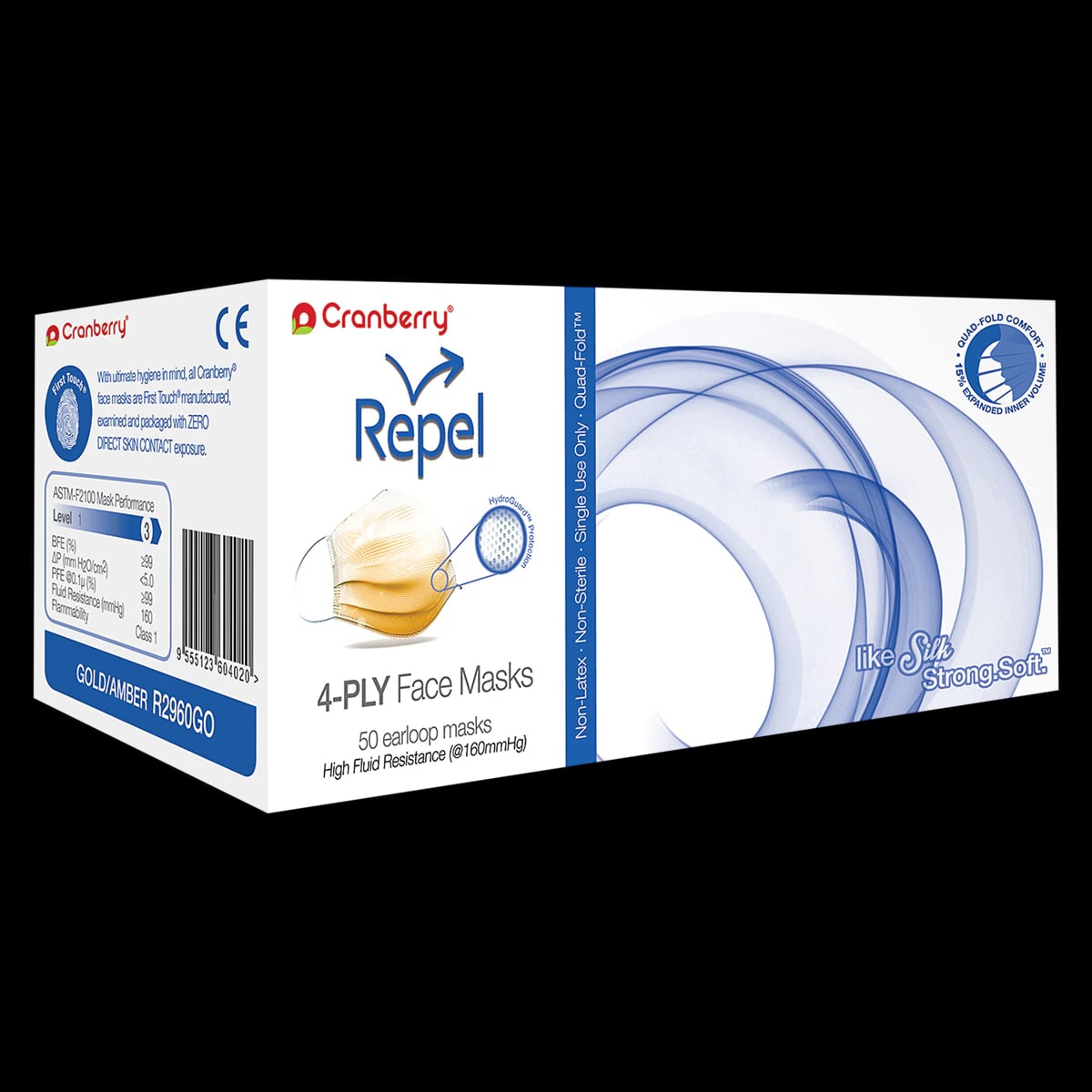 Cranberry Repel 4-Ply Earloop Procedure Face Mask, ASTM Level 3, Gold, 50/Box, R2960